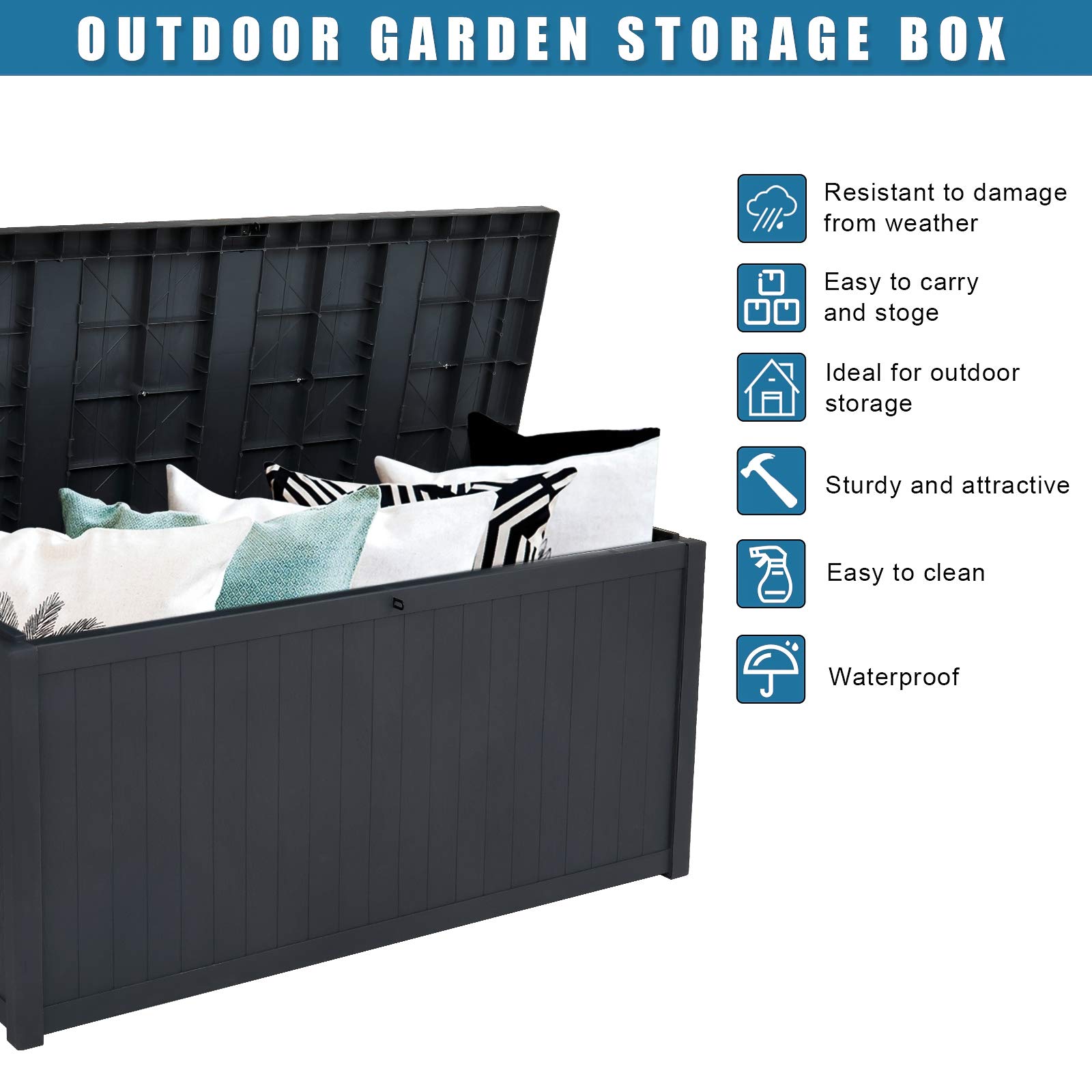 HomVent 113 Gallon Outdoor Waterproof Storage Deck Box - All-Weather Patio Furniture Cushion, Garden Tool & Pool Toy Organizer - Durable Black Container for Backyard, Poolside & Deck Storage (113gal)