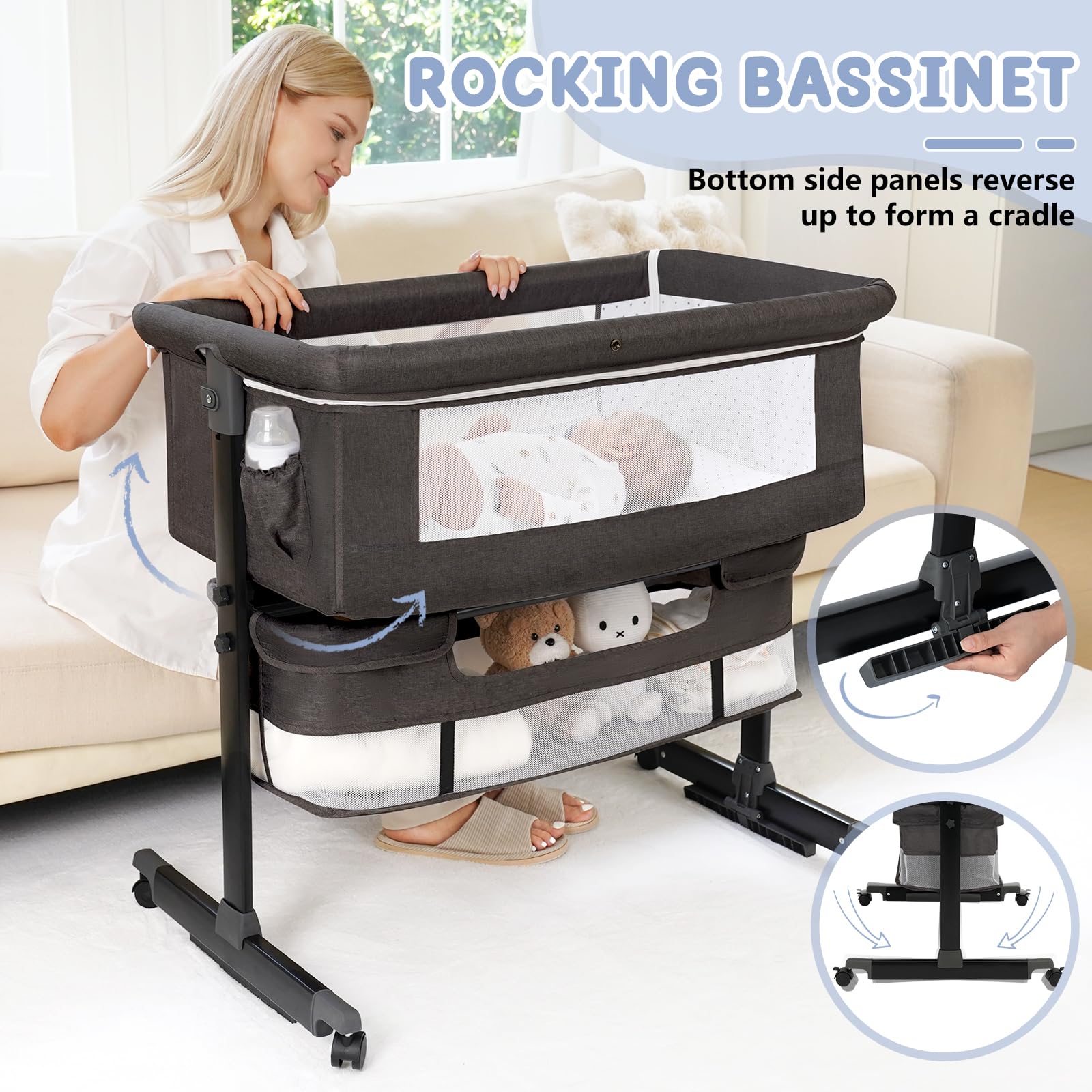 3-in-1 Adjustable Baby Bassinet Bedside Sleeper with Wheels & Storage Basket - Breathable Mesh, Rocking Mode, Easy Fold - Perfect for Nursery, Bedroom & Travel (Dark Gray)