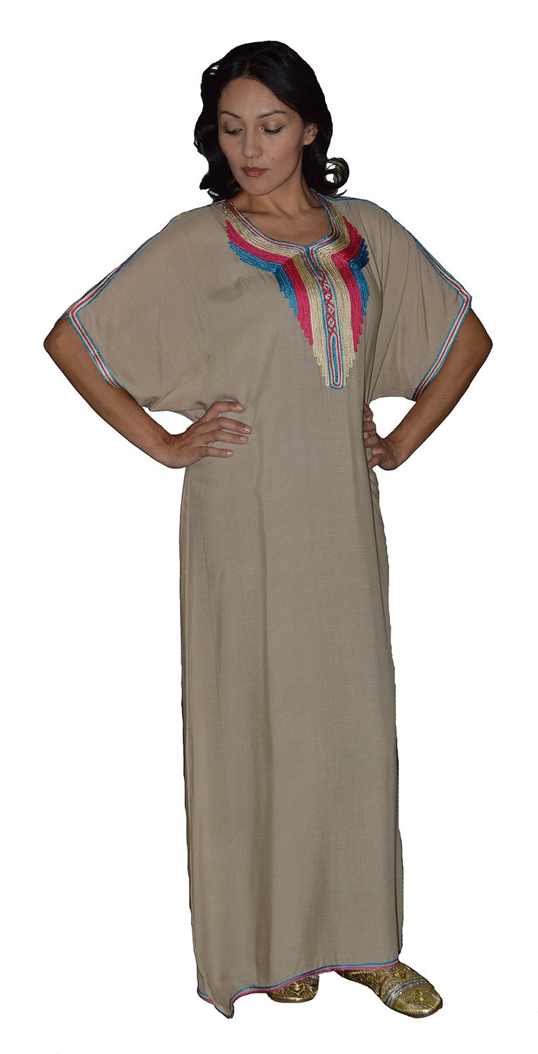 Handmade Moroccan Caftan - Cotton Blend with Embroidery - Breathable & Soft Beige Dress - Sizes S to L - Perfect for Weddings, Beach Vacations & Boho Fashion