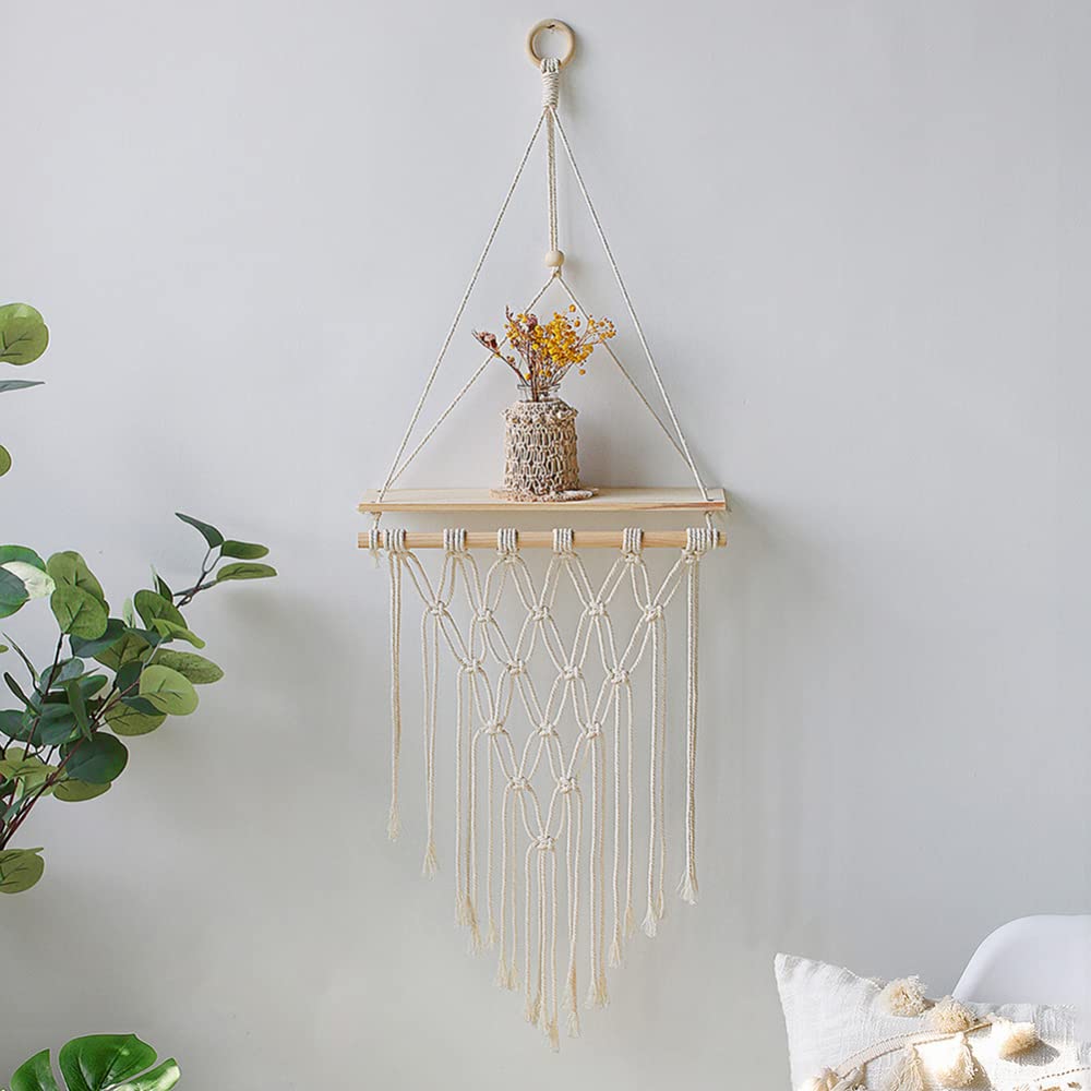 TEQIN Wooden Wall Hanging Shelves with Macrame Rope - Triangle Floating Shelf for Farmhouse, Boho & Modern Decor - Perfect for Plants, Bathroom, Living Room & Bedroom Corner (Set of 2)