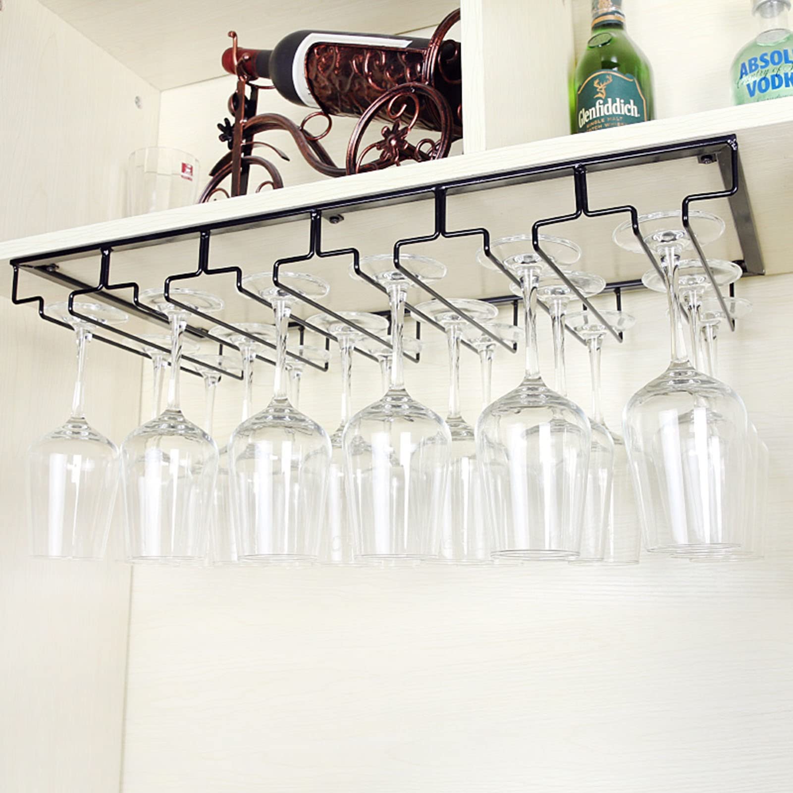 Black Metal Wine Glass Rack - 6 Slot Under Cabinet Stemware Holder for Kitchen, Bar & Restaurant - Perfect for Storing Wine Glasses, Mugs & Cups Under Shelves or Countertops