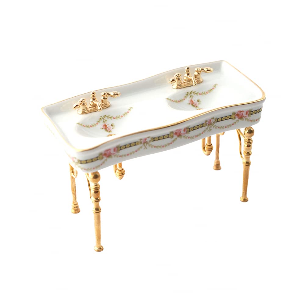 Melody Jane Victorian Rose Porcelain Double Sink Dollhouse Bathroom Furniture 1:12 Scale - Perfect for Miniature Collectors & Dollhouse Enthusiasts