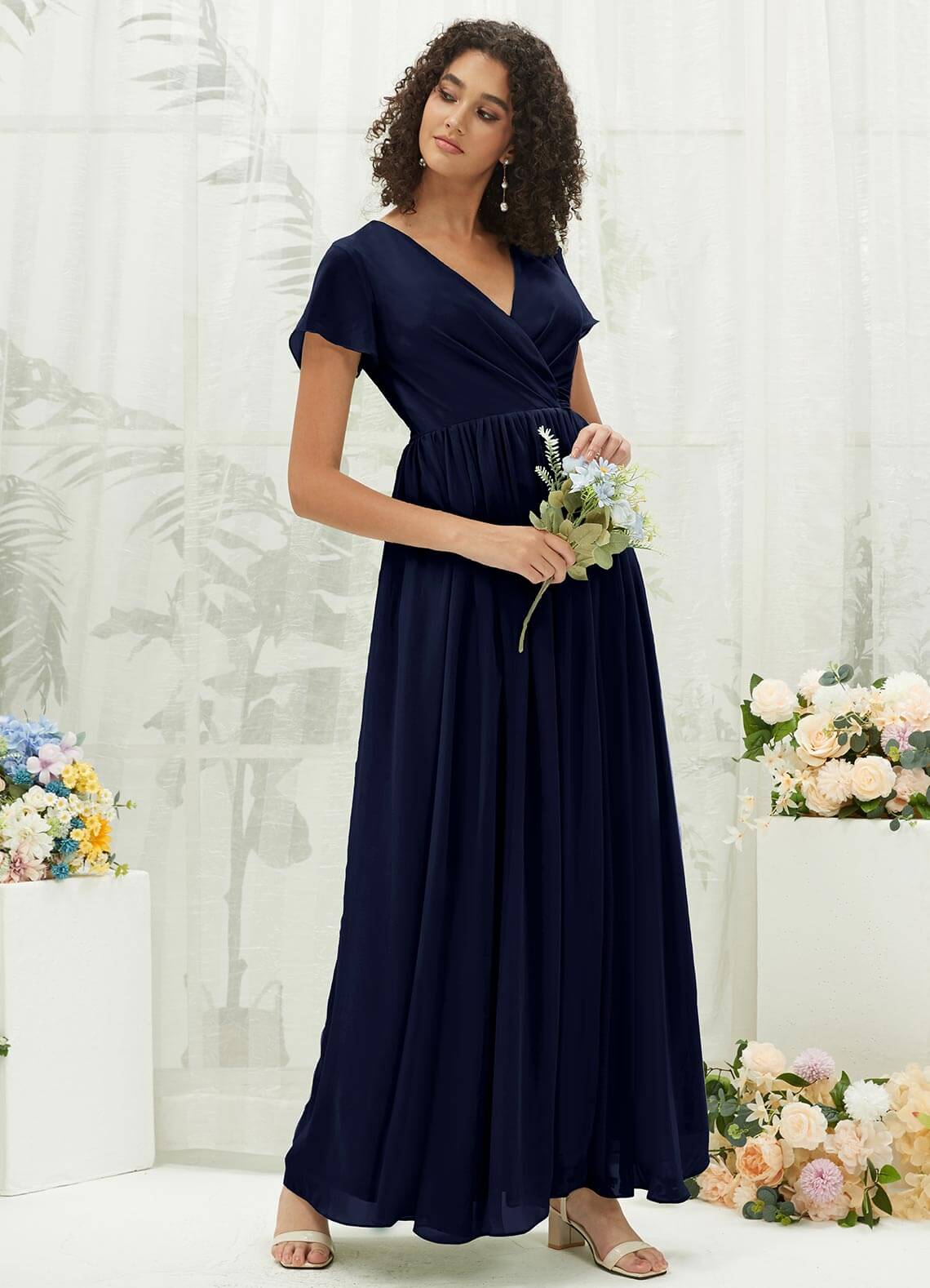Elegant Dark Navy Chiffon Short Sleeve V-Neck Wrap Pleated Bridesmaid Dress - Perfect for Weddings, Formal Events & Special Occasions