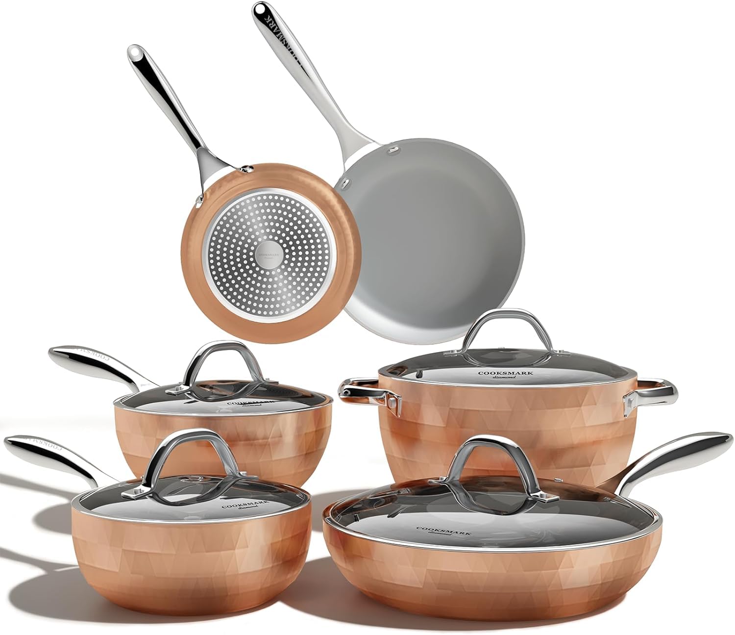 COOKSMARK 10-Piece Diamond Nonstick Ceramic Cookware Set - Induction Compatible, Scratch-Resistant Pots & Pans with Lids, Oven & Dishwasher Safe, Copper Coating - Perfect for Sauteing, Frying, Boiling & Everyday Cooking