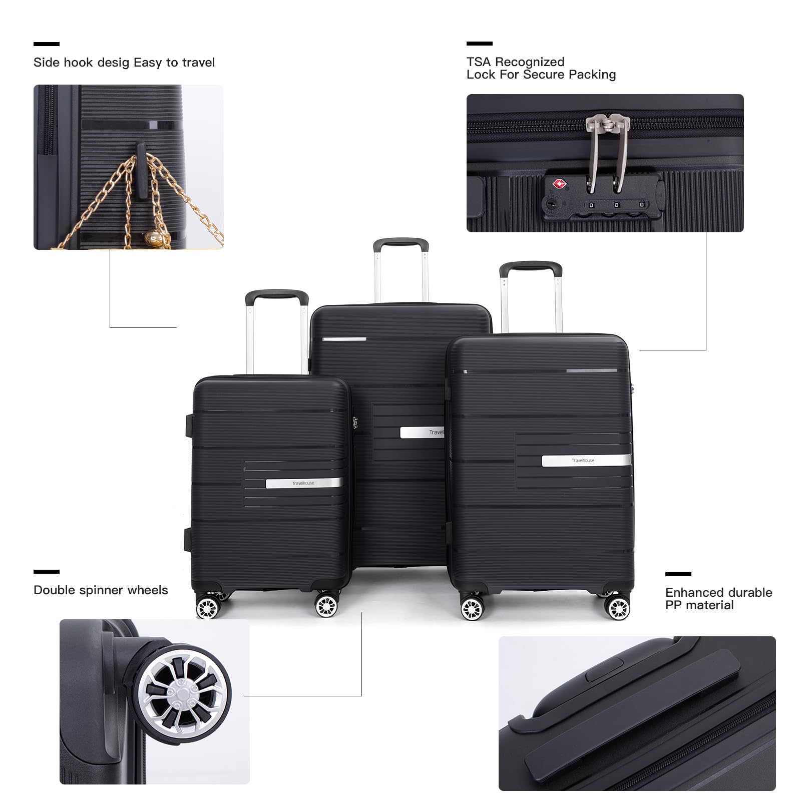 3-Piece Lightweight Hardside Luggage Set with Double Spinner Wheels & TSA Lock (20/24/28 Inch, Black) – Perfect for Air Travel, Business Trips, and Family Vacations