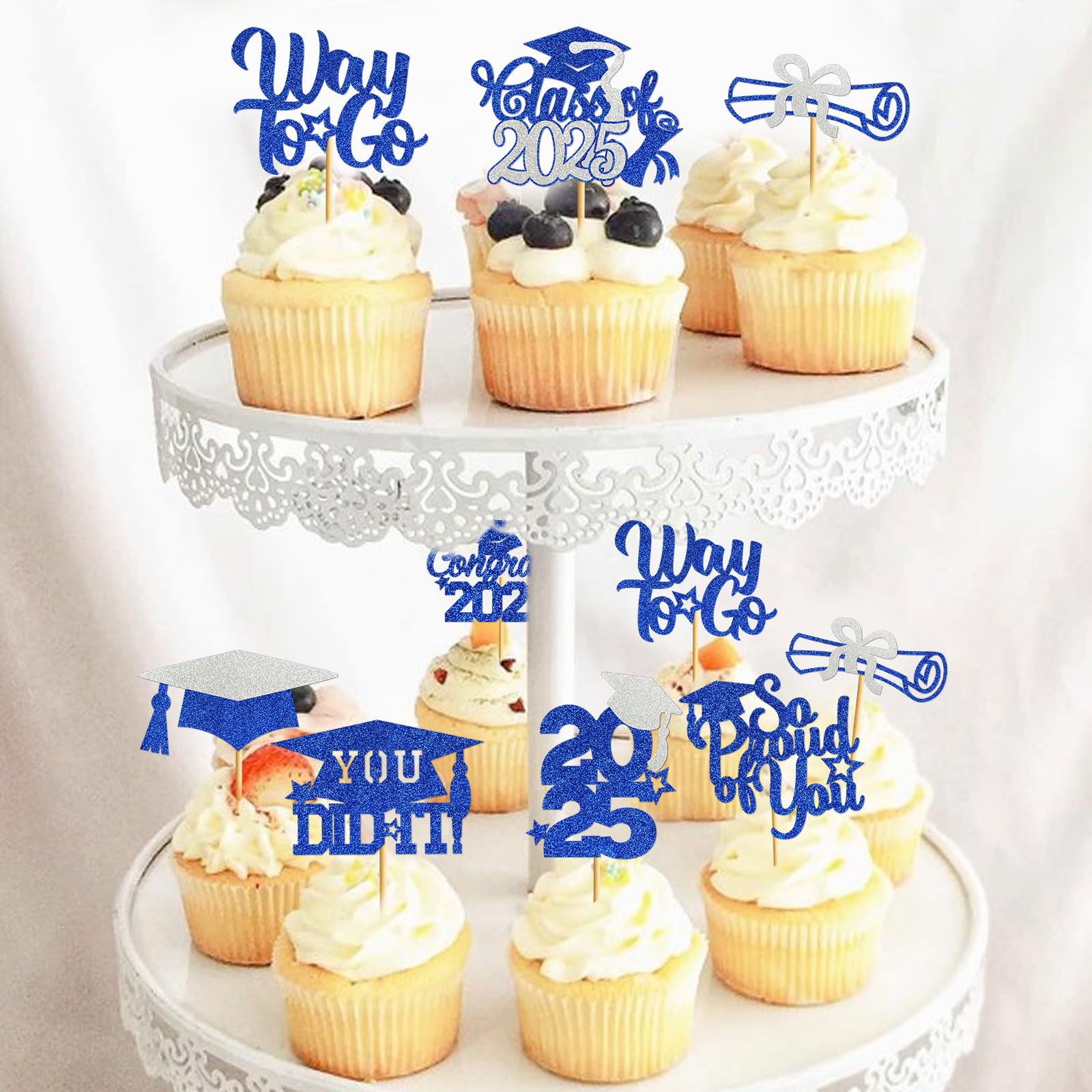 40Pcs Graduation Cupcake Toppers 2025 - Class of 2025 Decorations, Congrats Grad Party Supplies, Blue Silver Cake Toppers for Graduation Ceremony & Celebration