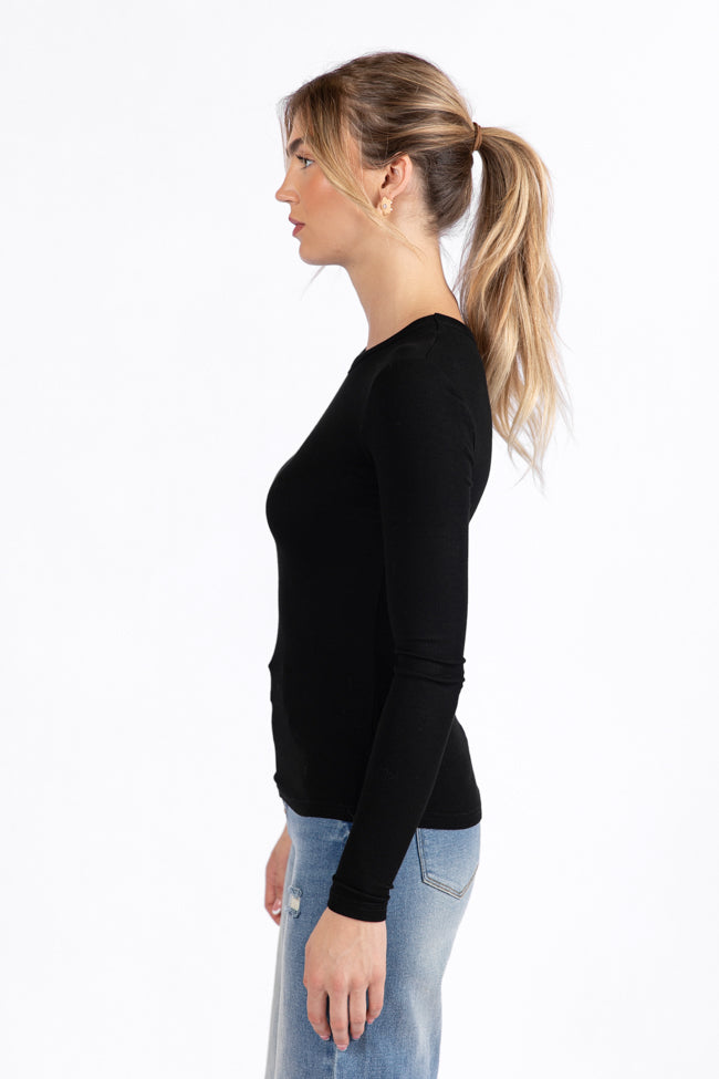 Black Ribbed Long Sleeve Tee for Women - Soft Stretch Cotton Blend Top - Casual & Layering Essential - Perfect for Fall, Winter & Everyday Wear