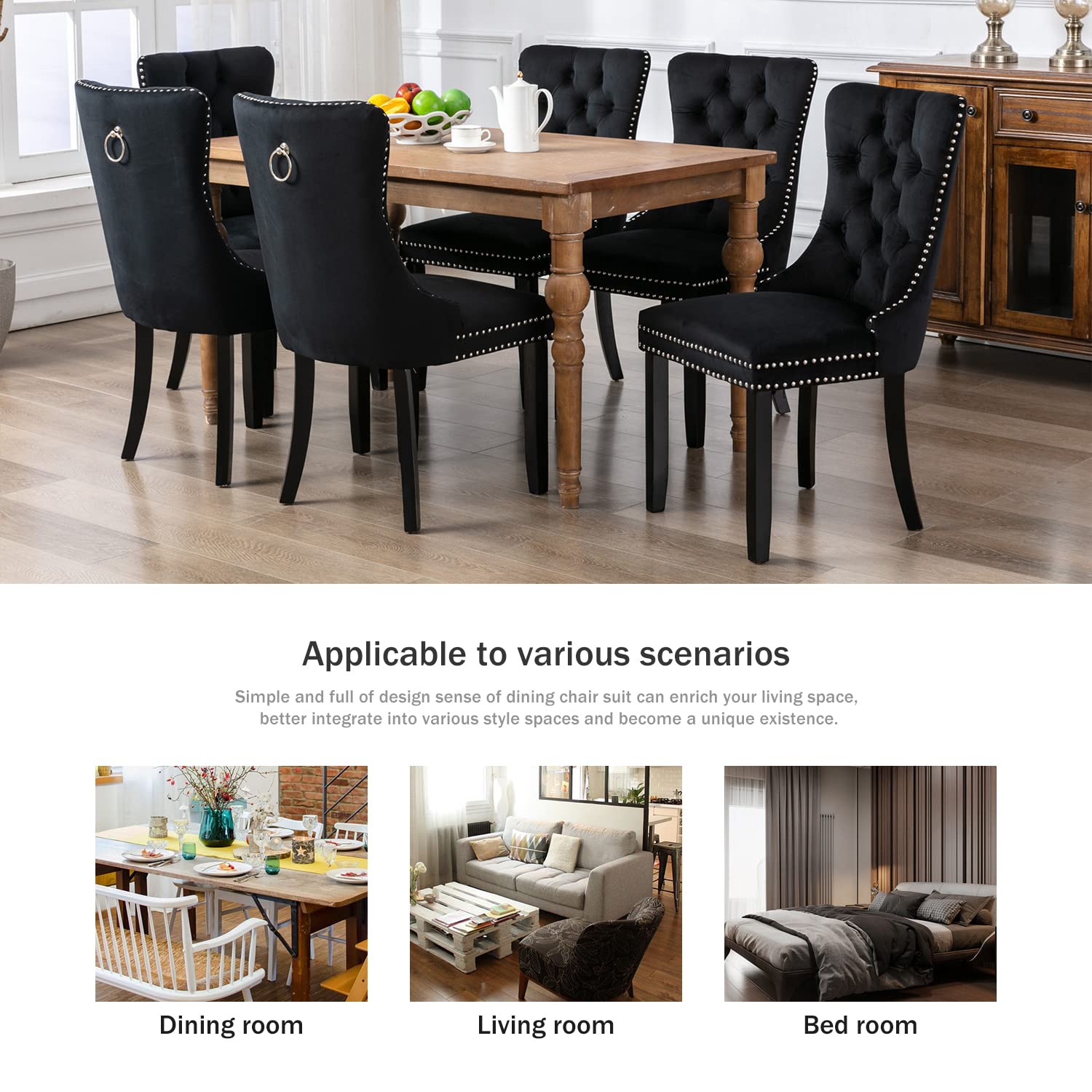 Kiztir Velvet Dining Chairs Set of 2 - Upholstered Modern Tufted Dining Room Chairs with Ring Pull Trim & Button Back - Luxury Black Velvet Chairs for Living Room, Bedroom, Kitchen - Perfect for Home Decor, Dinner Parties & Small Spaces