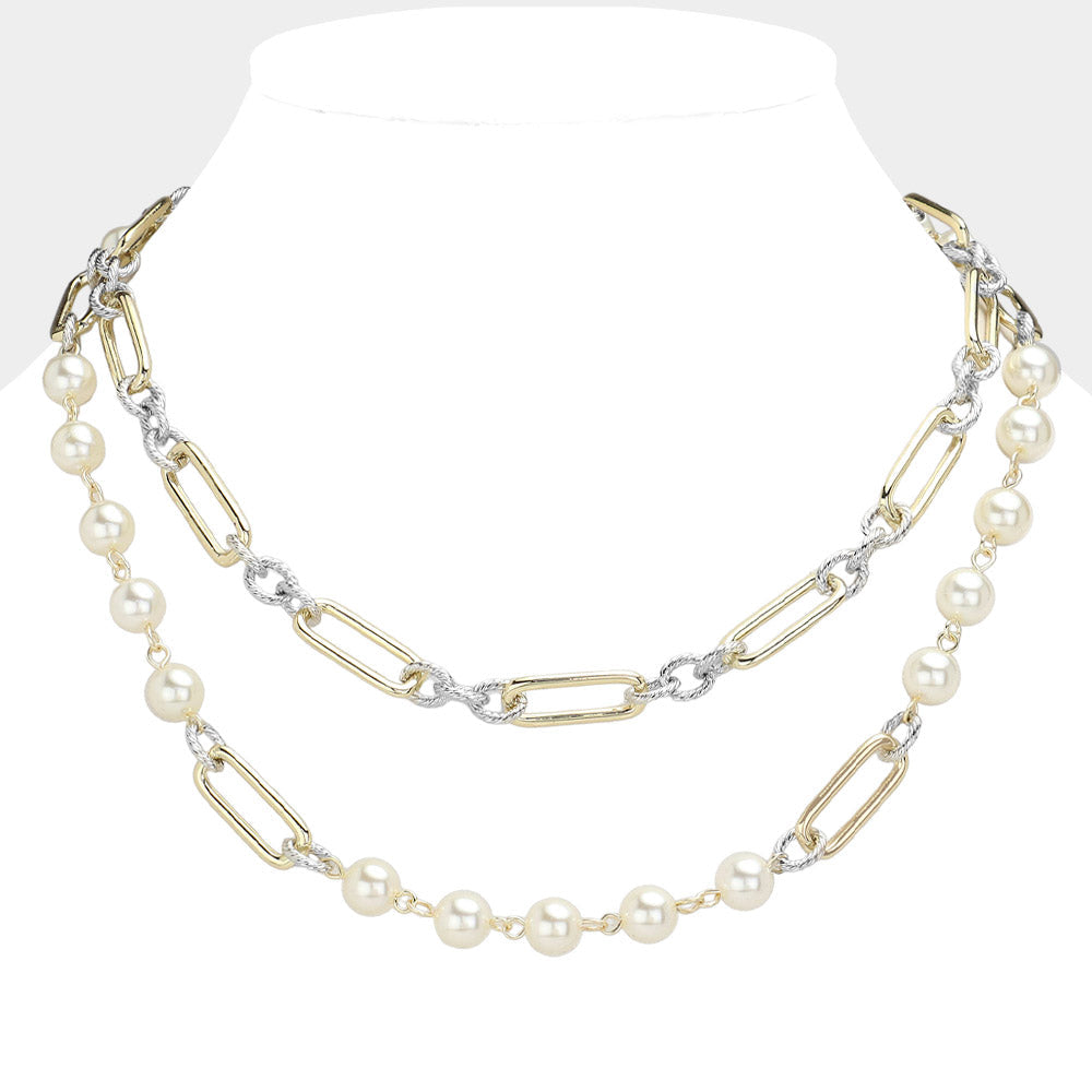 14K Gold Plated Pearl Two-Tone Paperclip Chain Link Toggle Necklace for Women - Elegant Layering Jewelry for Everyday Wear & Special Occasions
