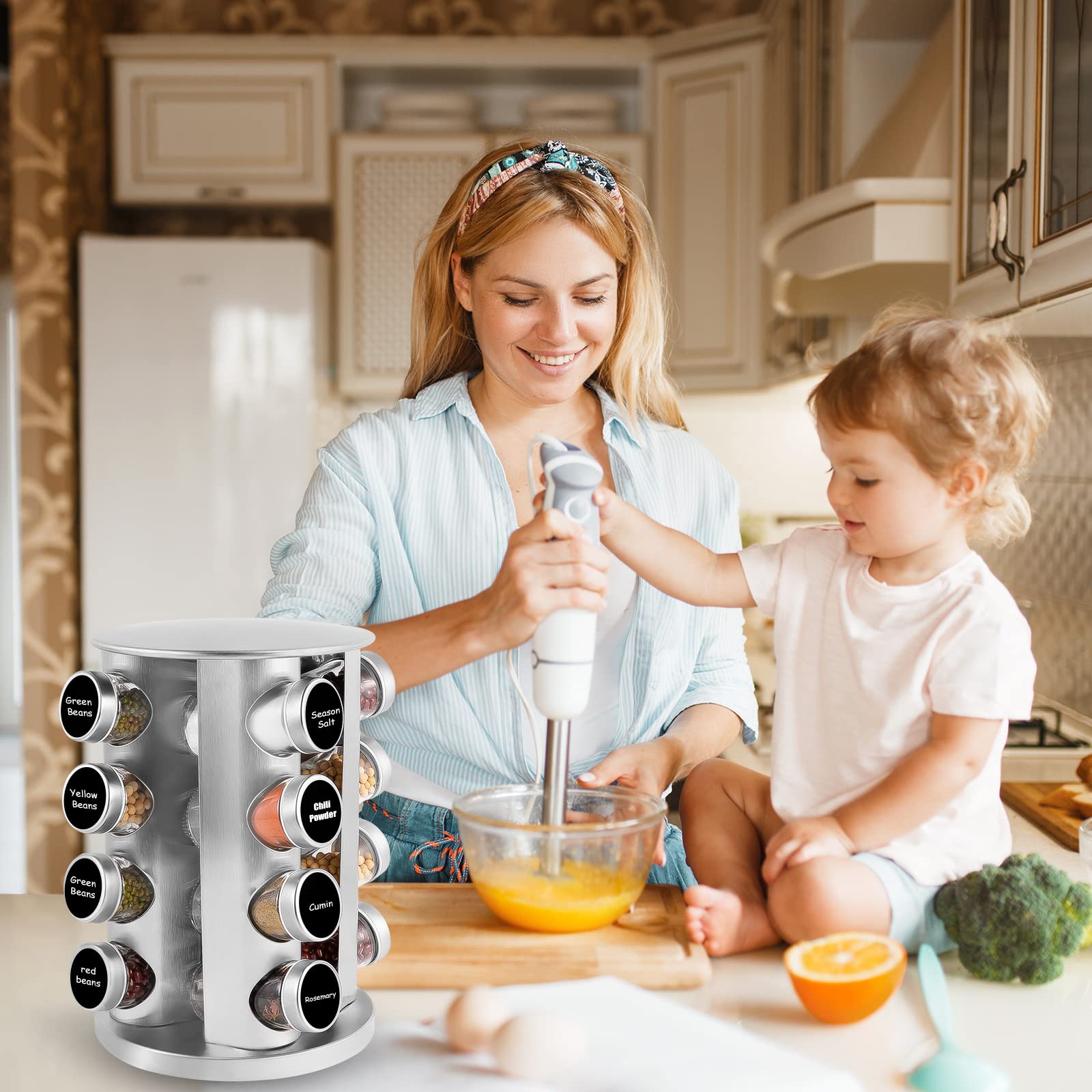 Rotating Spice Rack Organizer with 16 Jars - Stainless Steel Revolving Spice Tower with Labels for Kitchen Cabinet & Countertop - Perfect for Cooking, Baking & Seasoning Organization