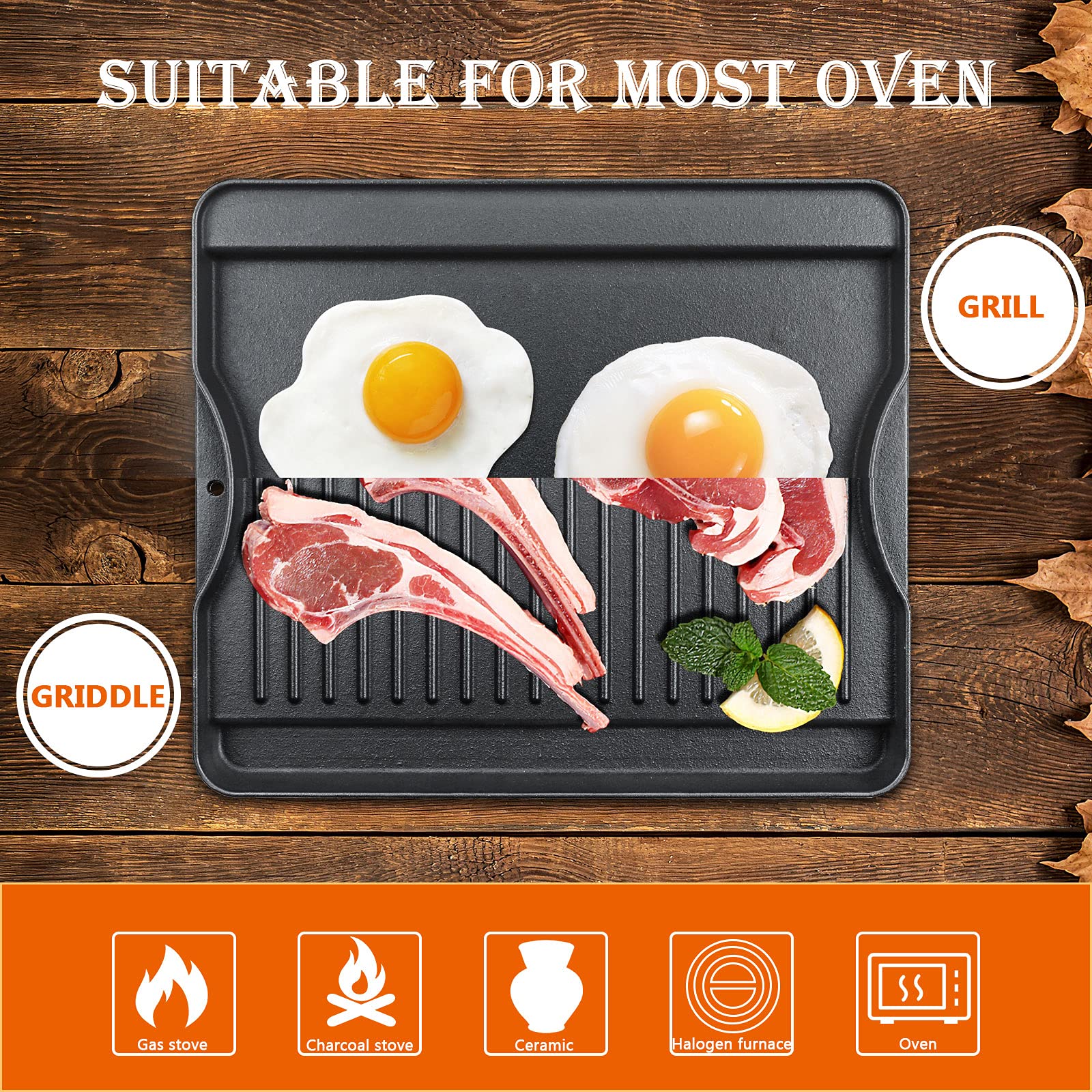 Uniflasy Reversible Cast Iron Griddle for Camp Chef Explorer - Compatible with 2-Burner, 3-Burner, 2X, 3X & Single Burner Stoves - Fits 14