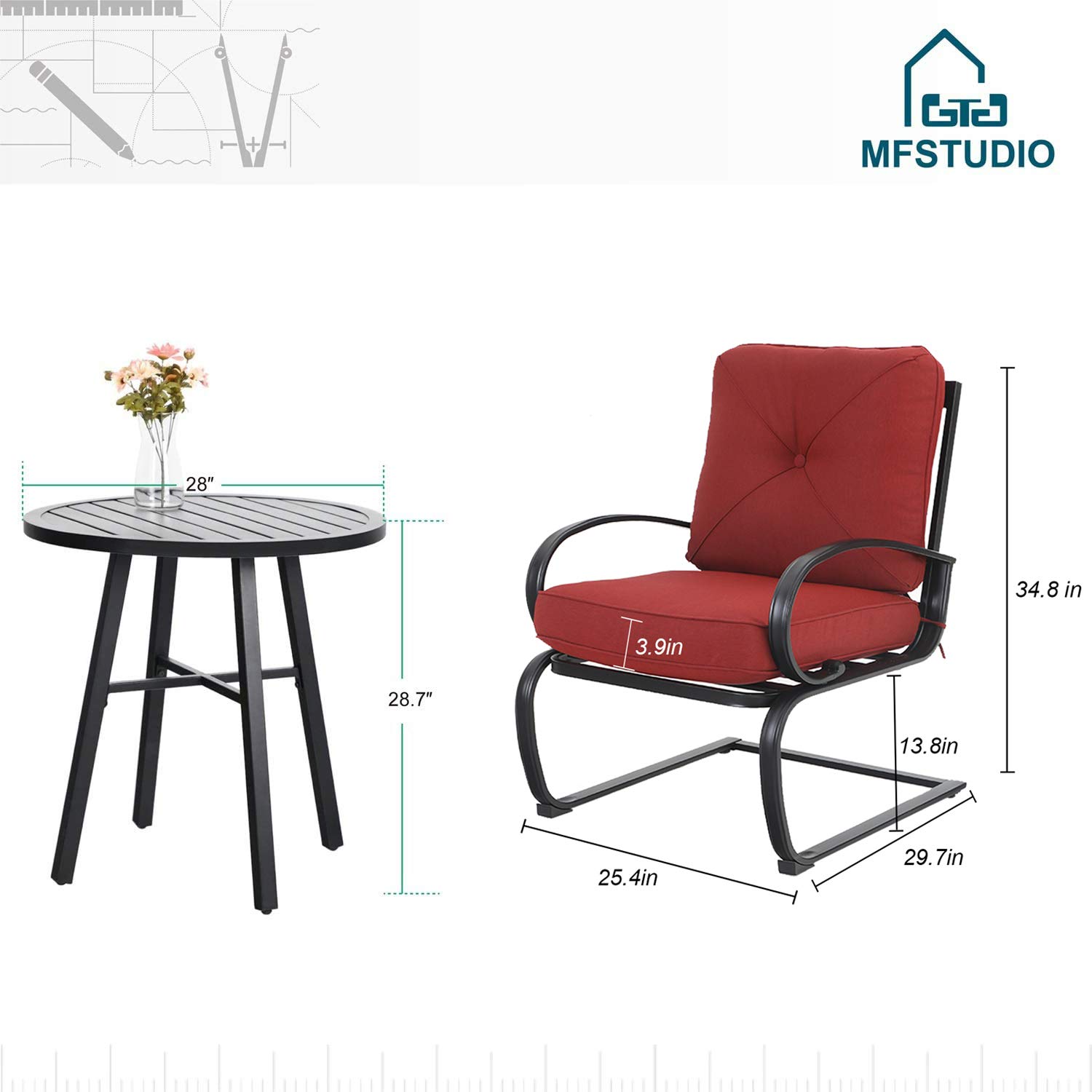 MFSTUDIO 3-Piece Patio Bistro Set - Outdoor Dining Furniture with 2 Spring Motion Chairs & 1 Metal Coffee Table - Burgundy Red Garden Conversation Set for Backyard, Lawn, Deck or Poolside Relaxation