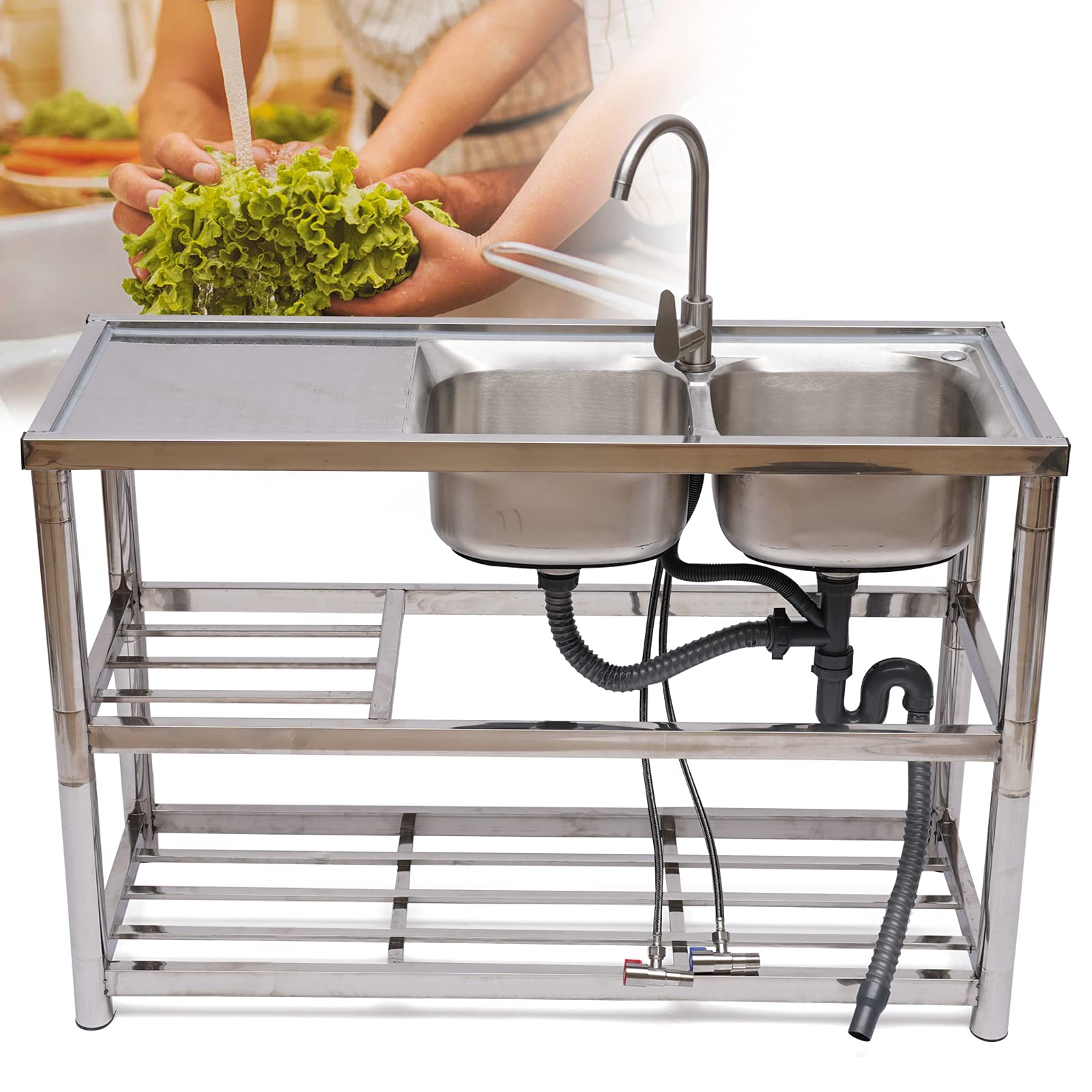 Stainless Steel Double Bowl Kitchen Sink with Hot/Cold Faucet & Drainboard - Durable Utility Sink for Kitchen, Bar, Restaurant, and Clean Room Use