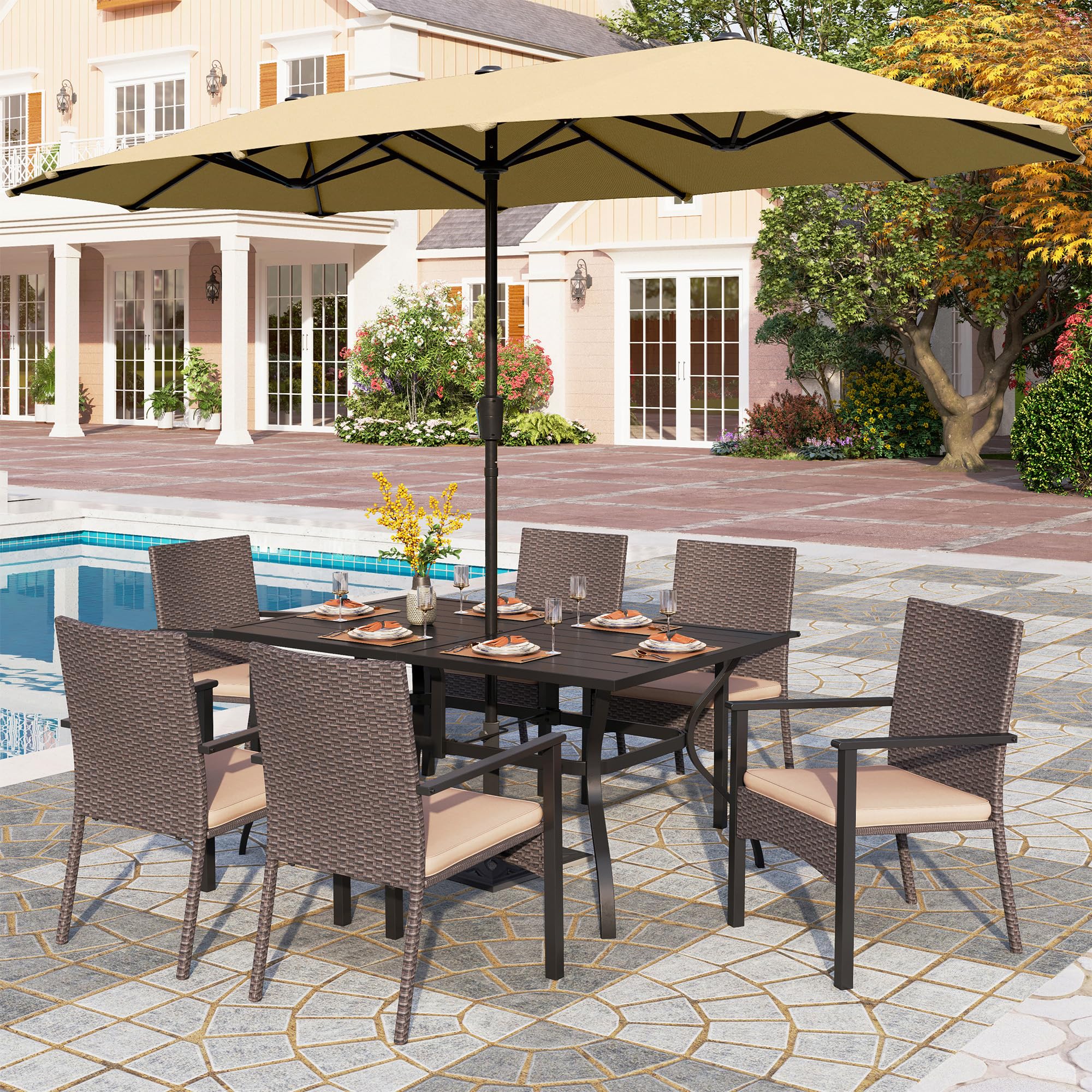 PHI VILLA 60 Inch Outdoor Patio Dining Table - Large Rectangle Table for 6-8 People with Umbrella Hole - Classic Black - Perfect for Backyard, Garden, Poolside & Outdoor Entertaining