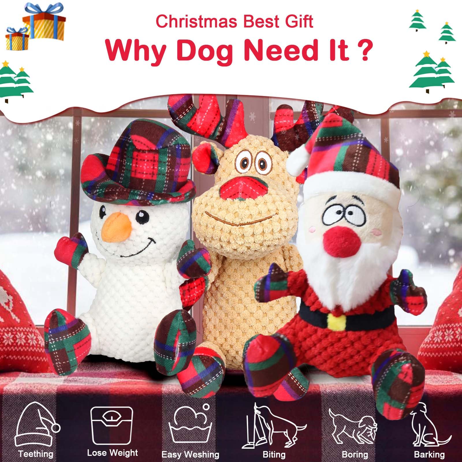 3 Pack Christmas Squeaky Dog Toys - Plush Chew Toys for Small & Medium Dogs, Puppy Teething Toys with Funny Squeaker for Playtime & Training - Perfect for Holiday Gifts, Birthday Presents & Interactive Play