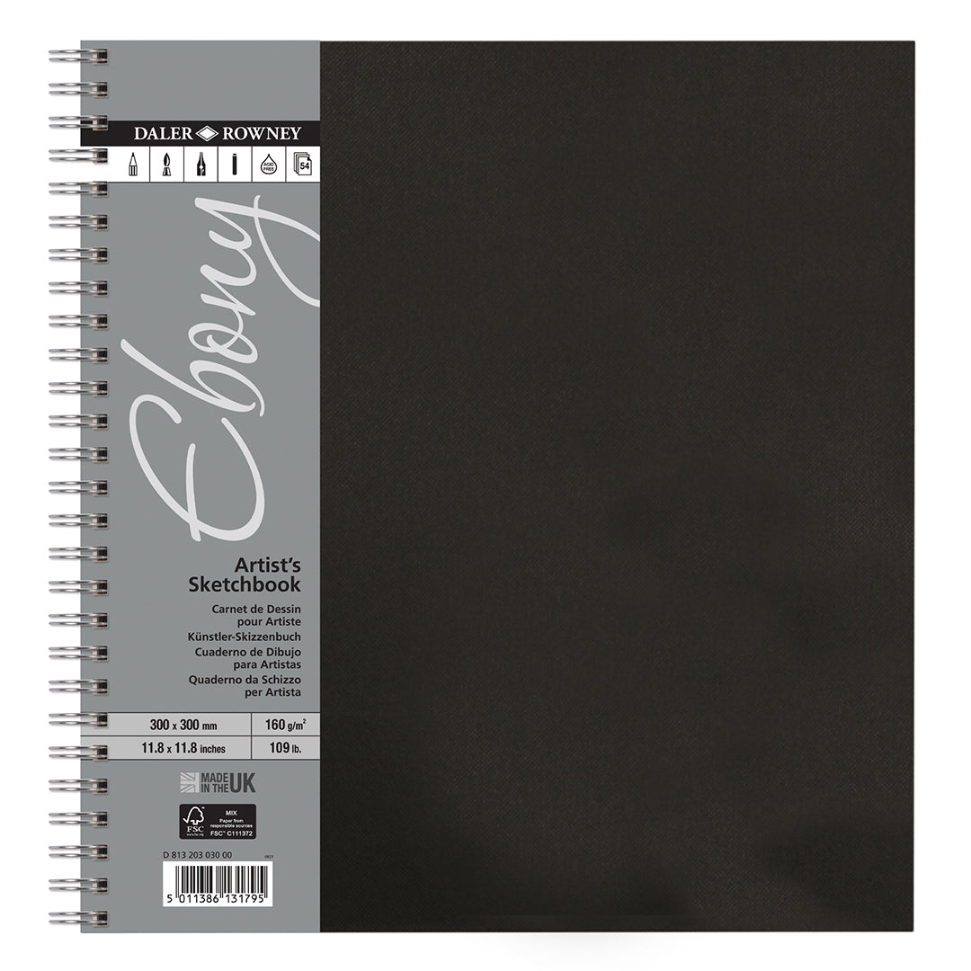 Daler Rowney Ebony Wirebound Sketchbook - 300x300mm (12x12 Inches) 160gsm Heavyweight Paper, 54 Sheets - Perfect for Drawing, Sketching & Mixed Media Art Projects