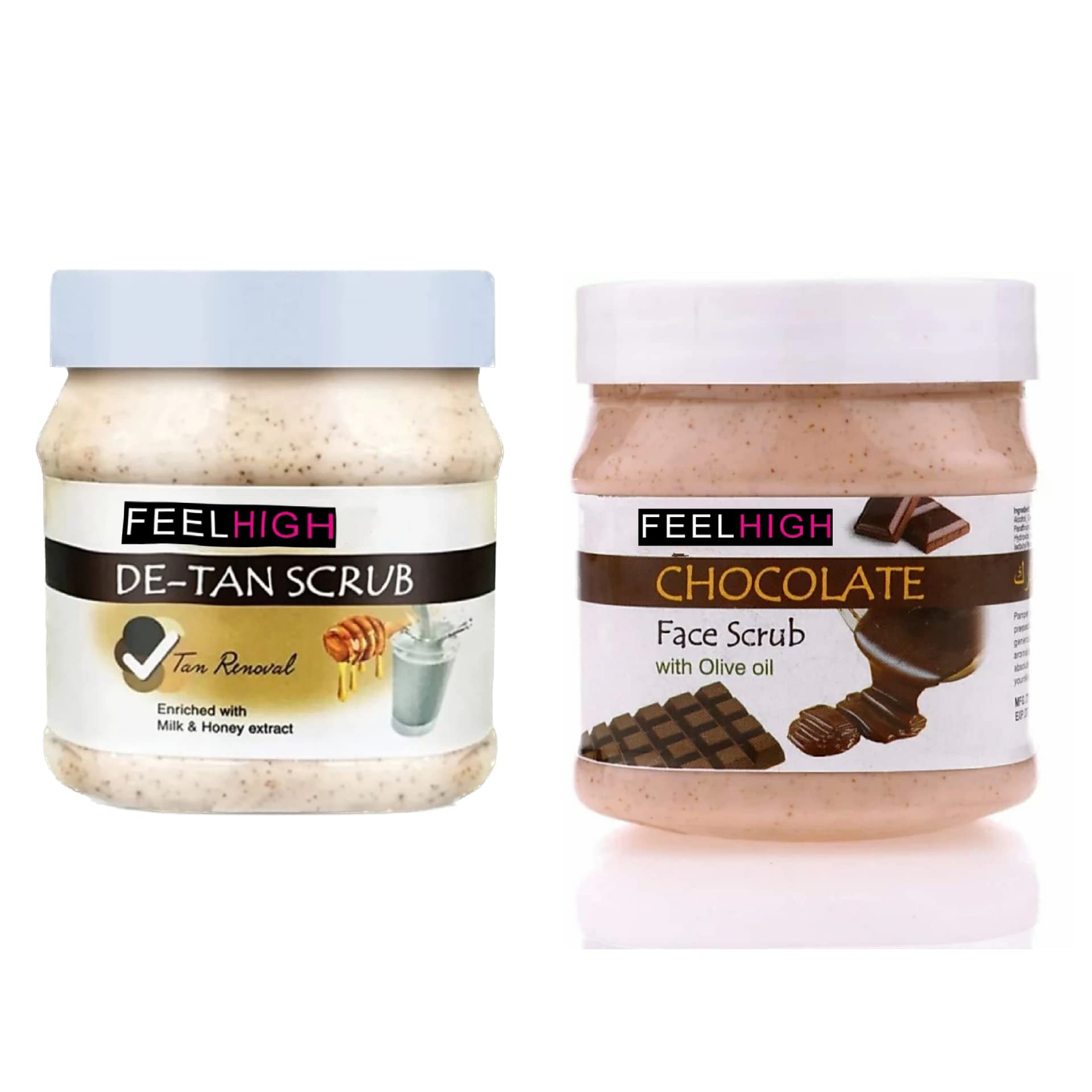 Feelhigh De Tan Tan Removal Scrub with Milk & Honey Extract 500ml + Chocolate Scrub with Olive Oil 500ml - Exfoliating Body Scrub for Men & Women - Brightens Skin & Removes Dead Cells - Perfect for Daily Skincare Routine & Spa Treatments