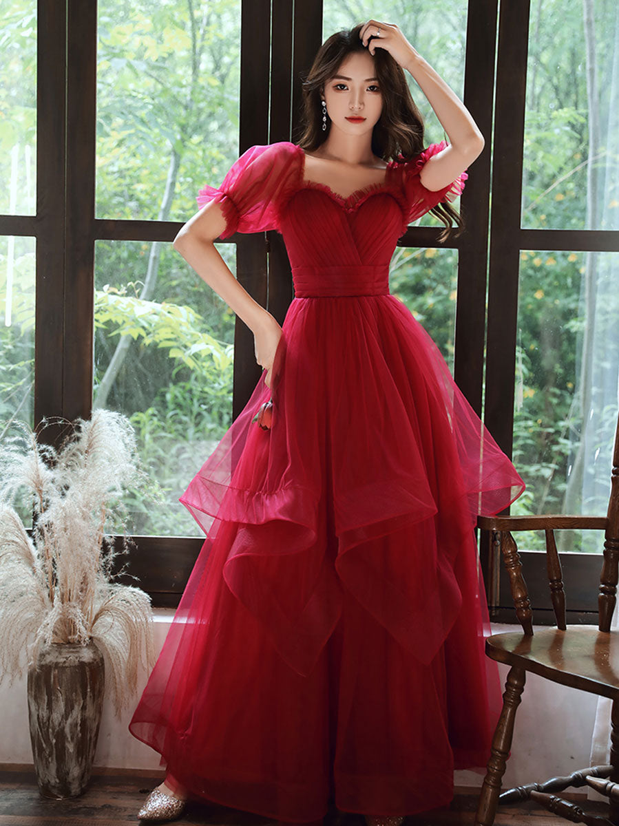 Elegant Burgundy A-Line Tulle Prom Dress - Long Formal Gown for Homecoming, Ball & Special Occasions