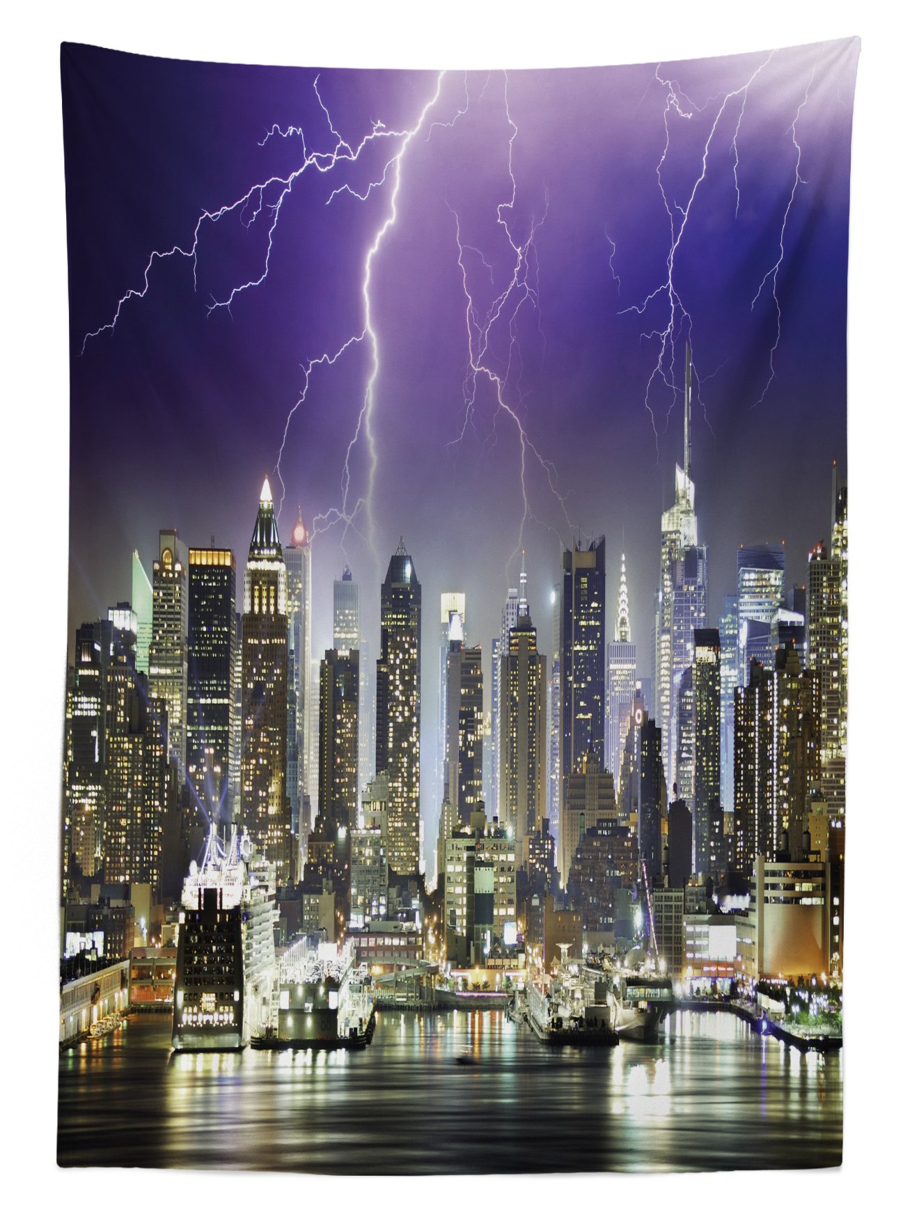 Ambesonne Waterproof Outdoor Tablecloth - New York City Stormy Night Skyline Design, Washable Picnic Table Cover 58x84 Inches, Indigo Lilac Charcoal Grey for Patio, BBQ, Camping & Outdoor Dining