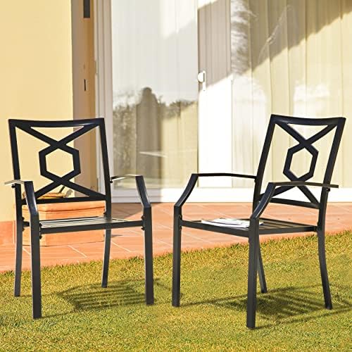 NUU GARDEN Stackable Patio Dining Chairs Set of 2 - Heavy Duty 300Lbs Capacity All-Weather Metal Outdoor Chairs with Armrests - Perfect for Lawn, Porch, Backyard, Deck & Poolside - Black