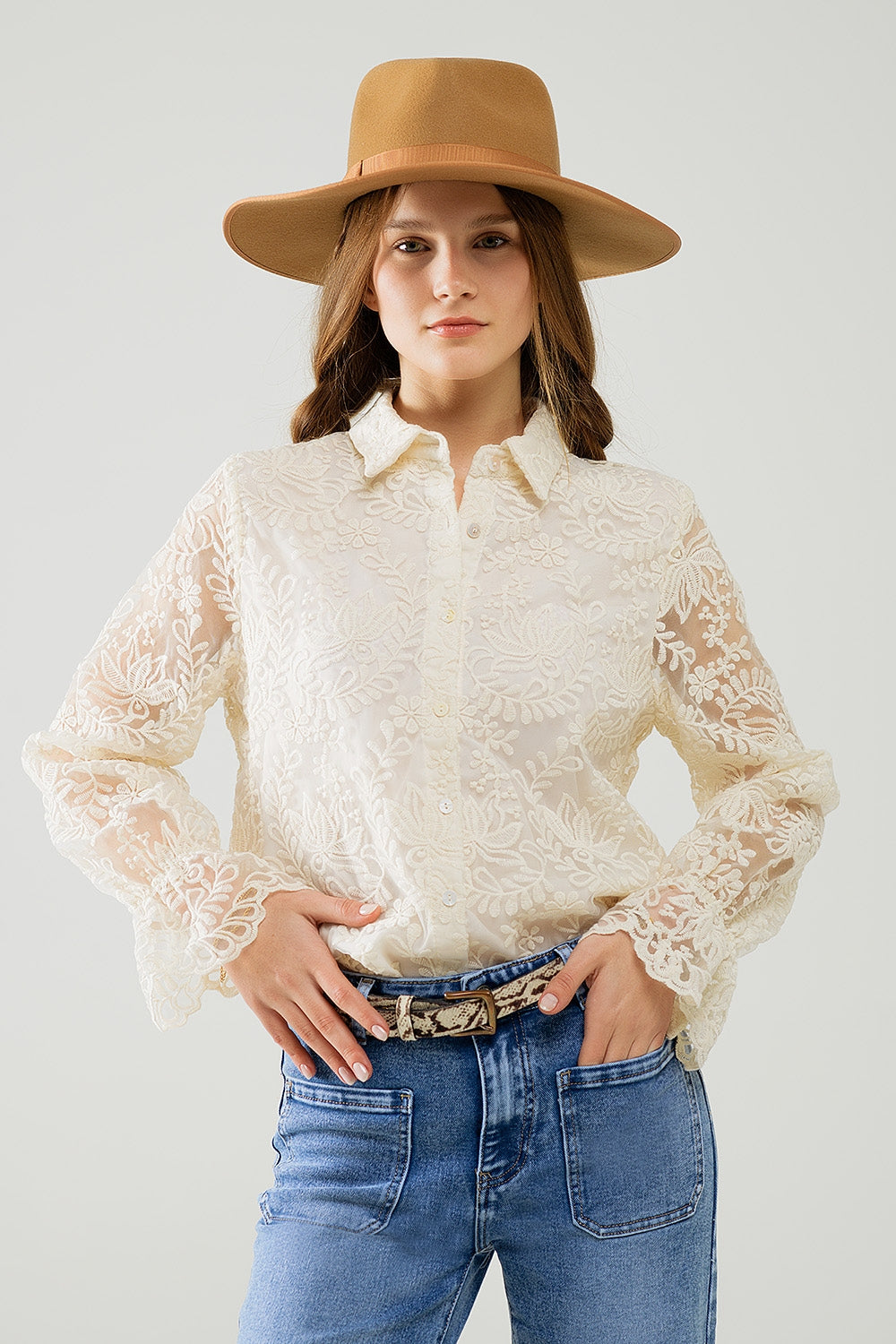 Elegant Beige Lace Romantic Blouse with Puff Sleeves - Perfect for Date Nights & Special Occasions