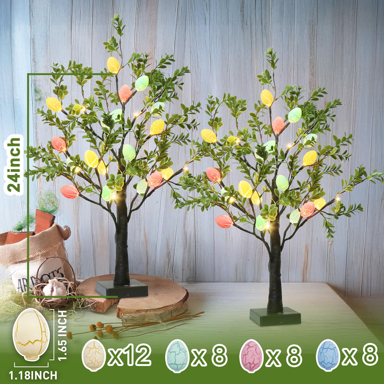 EAMBRITE 2Ft LED Lighted Easter Tree with 24 Hanging Eggs - Battery/USB Powered Artificial Tabletop Tree for Spring Home Decor - Perfect for Easter Celebrations, Party Centerpieces & Seasonal Table Displays (2 Pack)