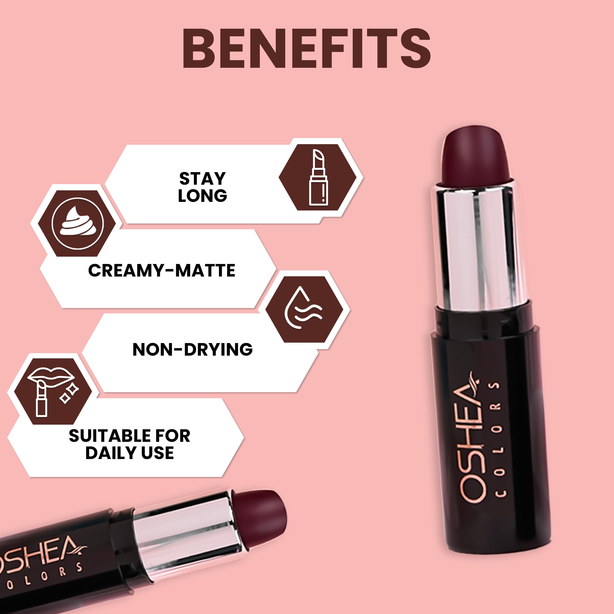 Oshea Colors Creamy Matte Lipstick - Long Lasting, Non-Drying Formula with Castor Oil & Shea Butter | Paraben Free | Rekha Maroon 08 (4.2g) | Perfect for Everyday Wear, Date Night & Special Occasions