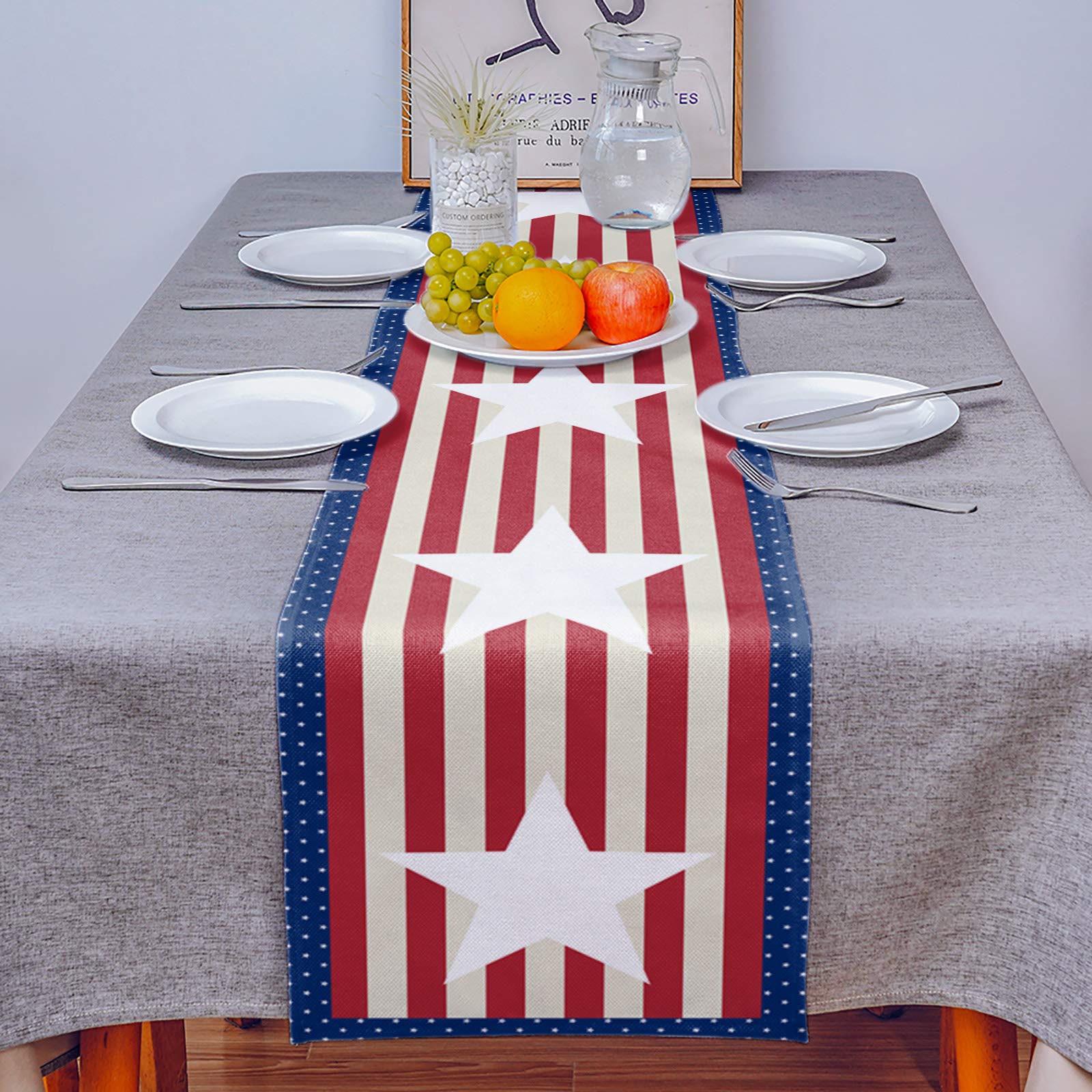 4th of July Patriotic Table Runner - 13x70 Inch USA Flag Stripes Stars Design for Dining Table, Farmhouse Kitchen Decor, Holiday Dinner Party Decoration | Perfect for Independence Day Celebrations, BBQ Gatherings & Festive Home Decor