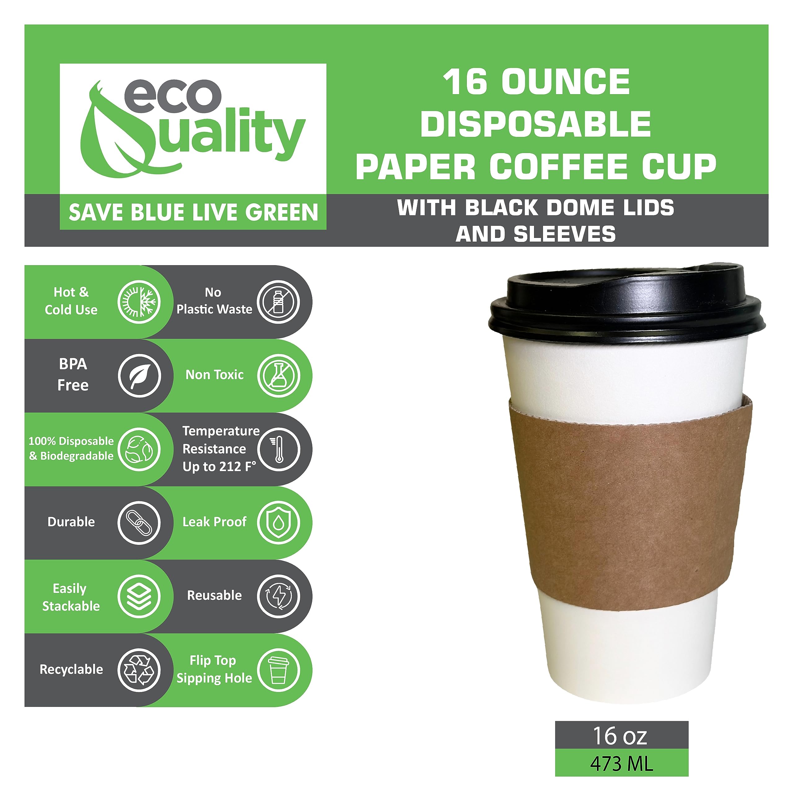 EcoQuality 16 oz Disposable White Paper Coffee Cups with Black Dome Lids & Corrugated Sleeves - 1000 Pack for Hot/Cold Beverages, Ideal for Coffee Shops, Offices, Travel, Picnics, and Events