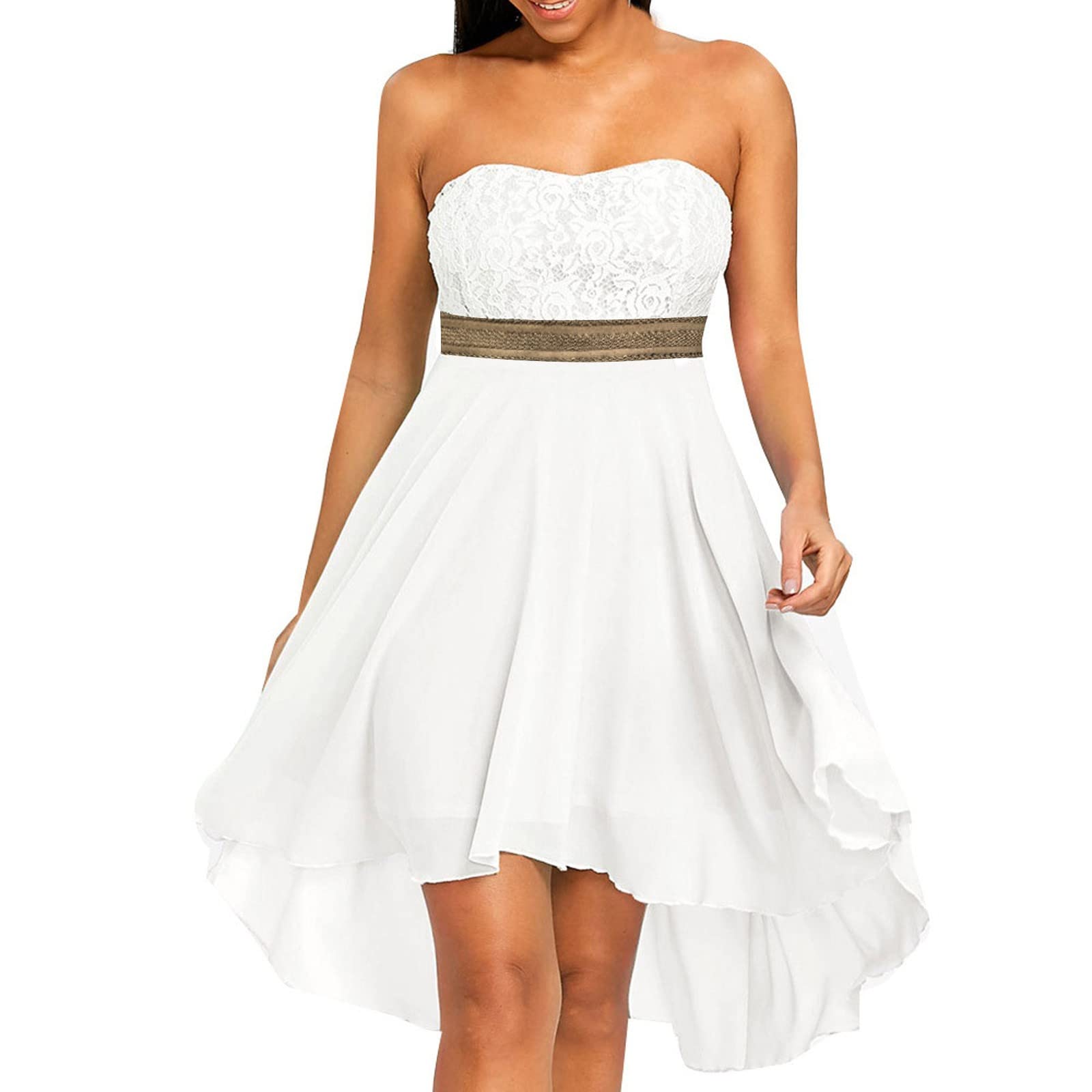 Plus Size Women's Romper Dress - Knee Length Summer T-Shirt Dress with Off Shoulder Waist & Chiffon Bandeau Detail (Size M, White) | Perfect for Parties, Spring Outfits & Casual Wear
