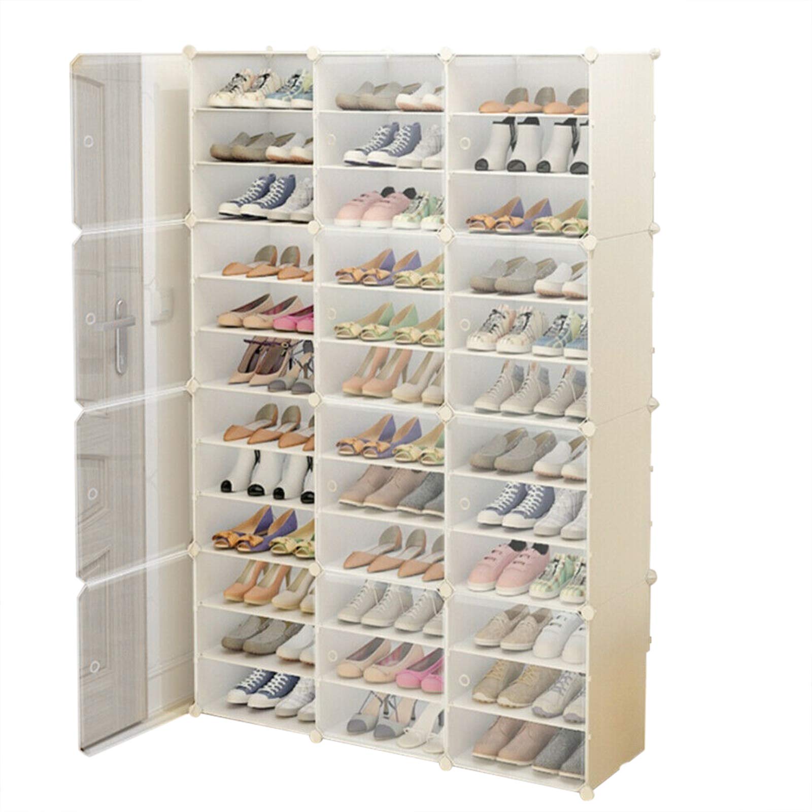 LOYALHEARTDY Plastic Shoe Storage Cabinet with Clear Doors - Stackable Shoe Organizer Holds 72 Pairs, White - Perfect for Closet, Bedroom & Entryway Organization