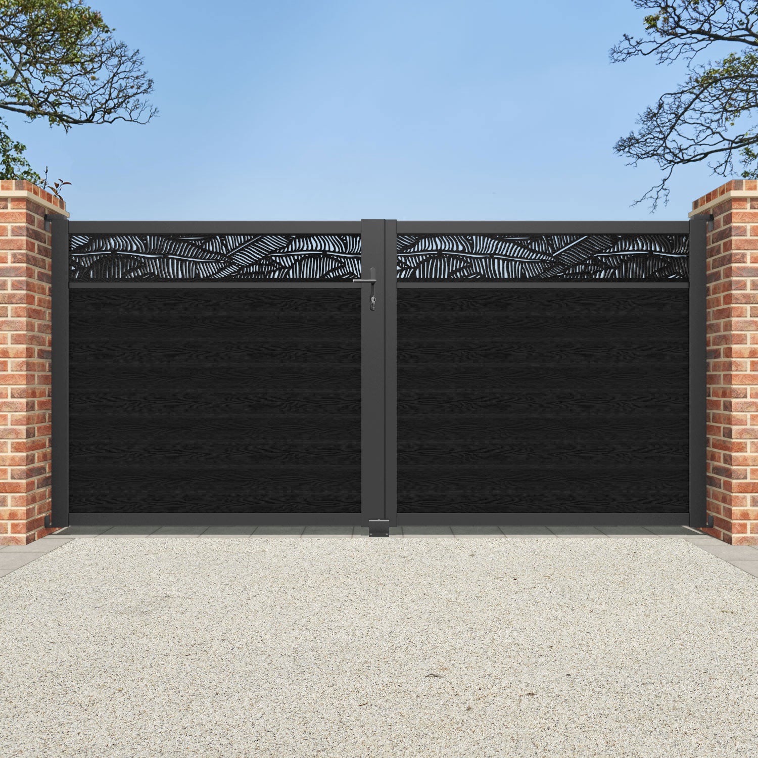 Classic Black Feather Straight Top Driveway Gate with Screen - Elegant Driveway Entrance for Home Security & Privacy | Perfect for Residential, Villa, and Estate Fencing