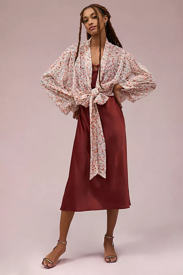 Elegant Floral Tie Front Kimono Robe - Women's Lightweight Cover-Up for Beach, Pool, or Lounge Wear