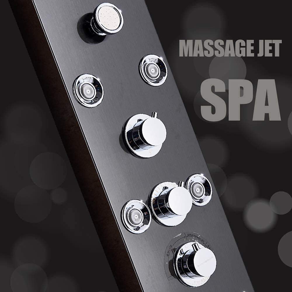NeierThodore 304 Stainless Steel LED Shower Panel Tower System - Rainfall & Waterfall Shower with 6 Brass Body Massage Jets, Handheld Shower & Bathtub Spout (Black) - Perfect for Modern Bathroom Renovation & Spa-Like Shower Experience