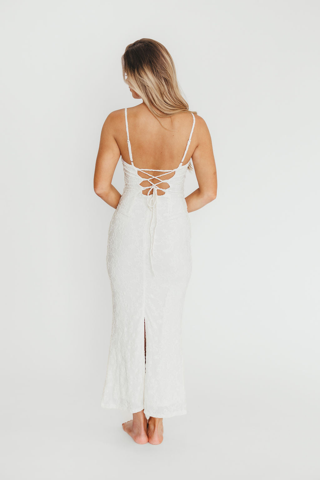 Amira Ruched Bustier Lace Up Back Maxi Dress in Ivory - Elegant Formal Gown for Weddings, Prom & Evening Events