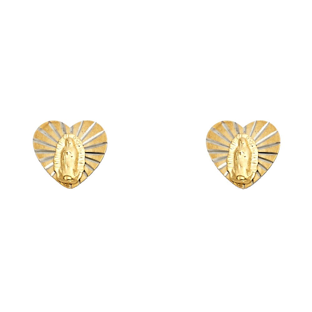 14K Yellow Gold Our Lady of Guadalupe Heart Stud Earrings with Secure Screw Backs - Perfect for Religious Gifts, First Communion, and Everyday Faith Jewelry