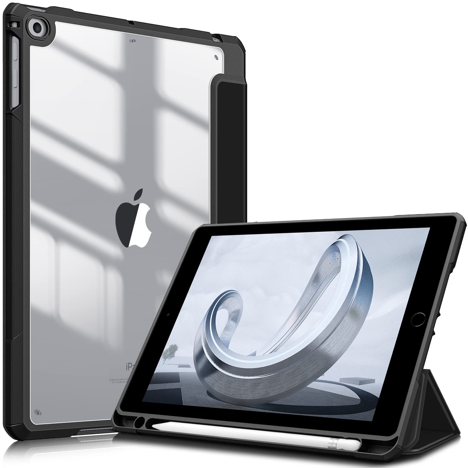 Fintie Hybrid Slim Shockproof Case for iPad 6th/5th Gen (2018/2017) & iPad Air 2/Air 1 (9.7 Inch) - Clear Transparent Back Cover with Built-in Apple Pencil Holder, Black - Perfect for Work, School & Travel Protection
