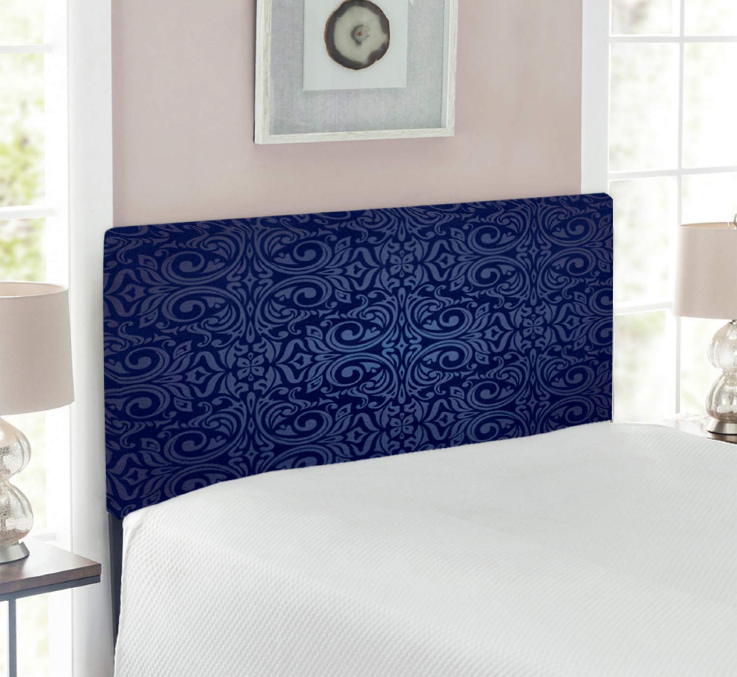 Ambesonne Indigo Upholstered Headboard - Victorian Vintage Floral Leaves Swirls Design, Decorative Metal Bed Frame with Memory Foam, Twin Size Dark Blue - Perfect for Bedroom Decor & Guest Room Makeover