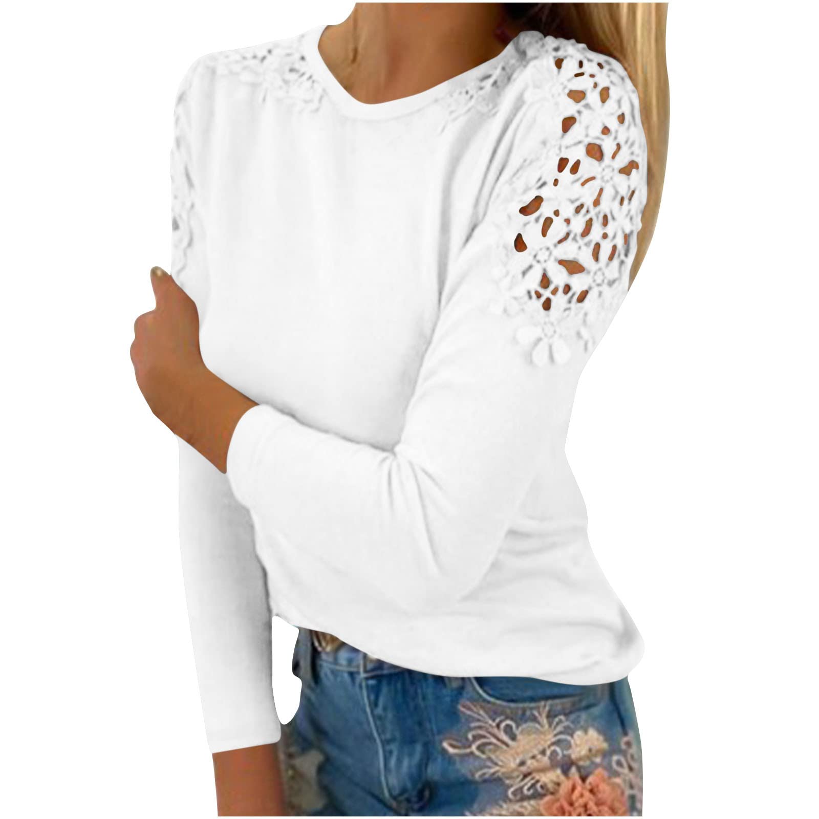 Prime White Long Sleeve Shirts for Women - 2023 Fall Solid Crewneck T-Shirts, Hollow Out Slim Fit Blouses - Fashionable Office & Casual Wear - Perfect for Work, Date Night & Everyday Outfits