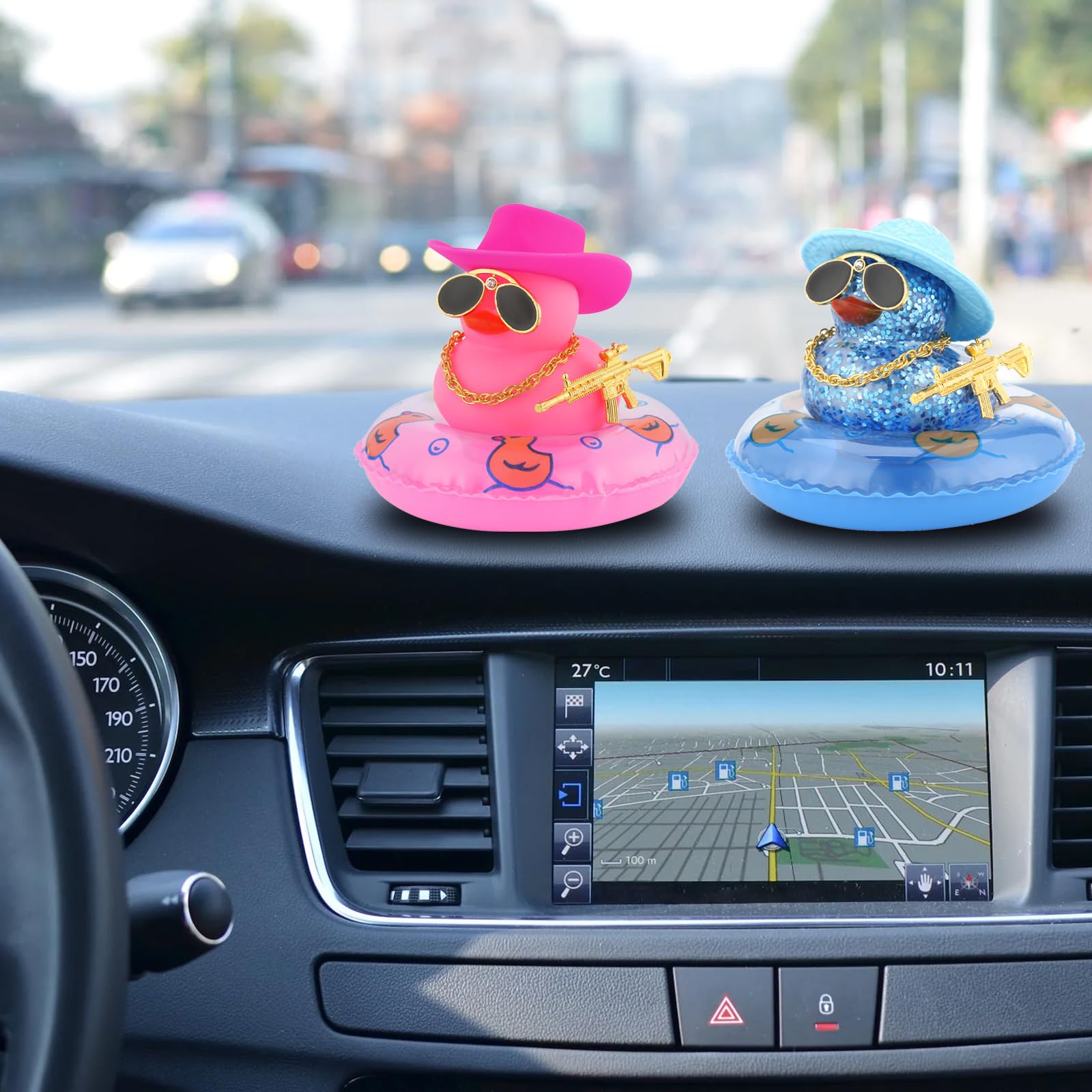 Funny Rubber Duck Car Dashboard Decor - Cute Duck with Swimming Ring, Necklace & Sunglasses - Car Accessories for Party Favors & Gifts - Perfect for Dashboard Decoration, Office Desk Toys, and Themed Party Supplies