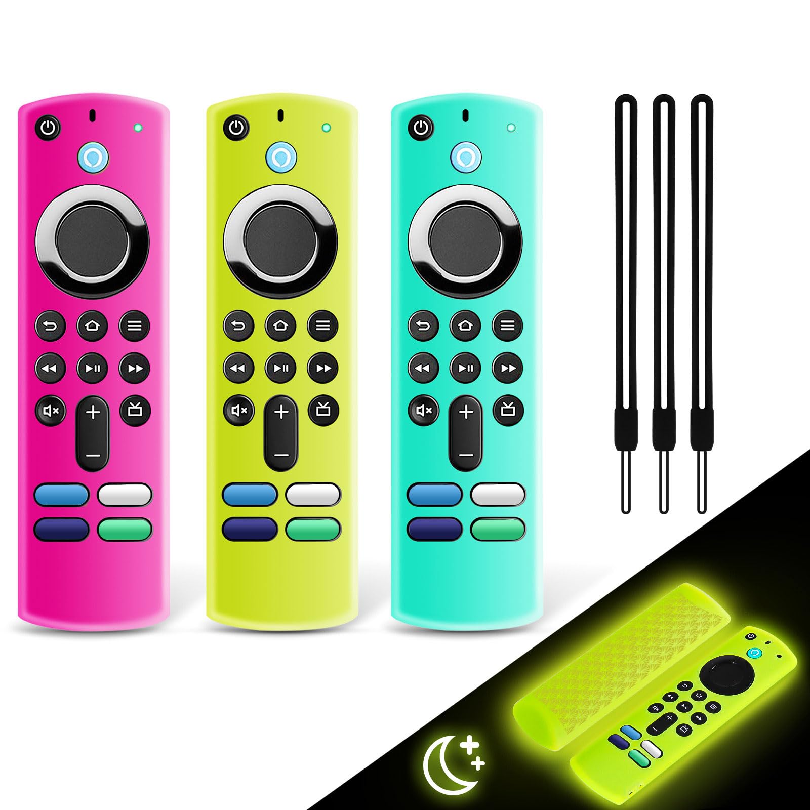 3 Pack Glow in The Dark Silicone Remote Control Covers - Anti-Slip Protective Case with Lanyard (Yellow, Blue, Pink) for TV, Cable, DVD & Streaming Devices - Nighttime Use & Easy Grip