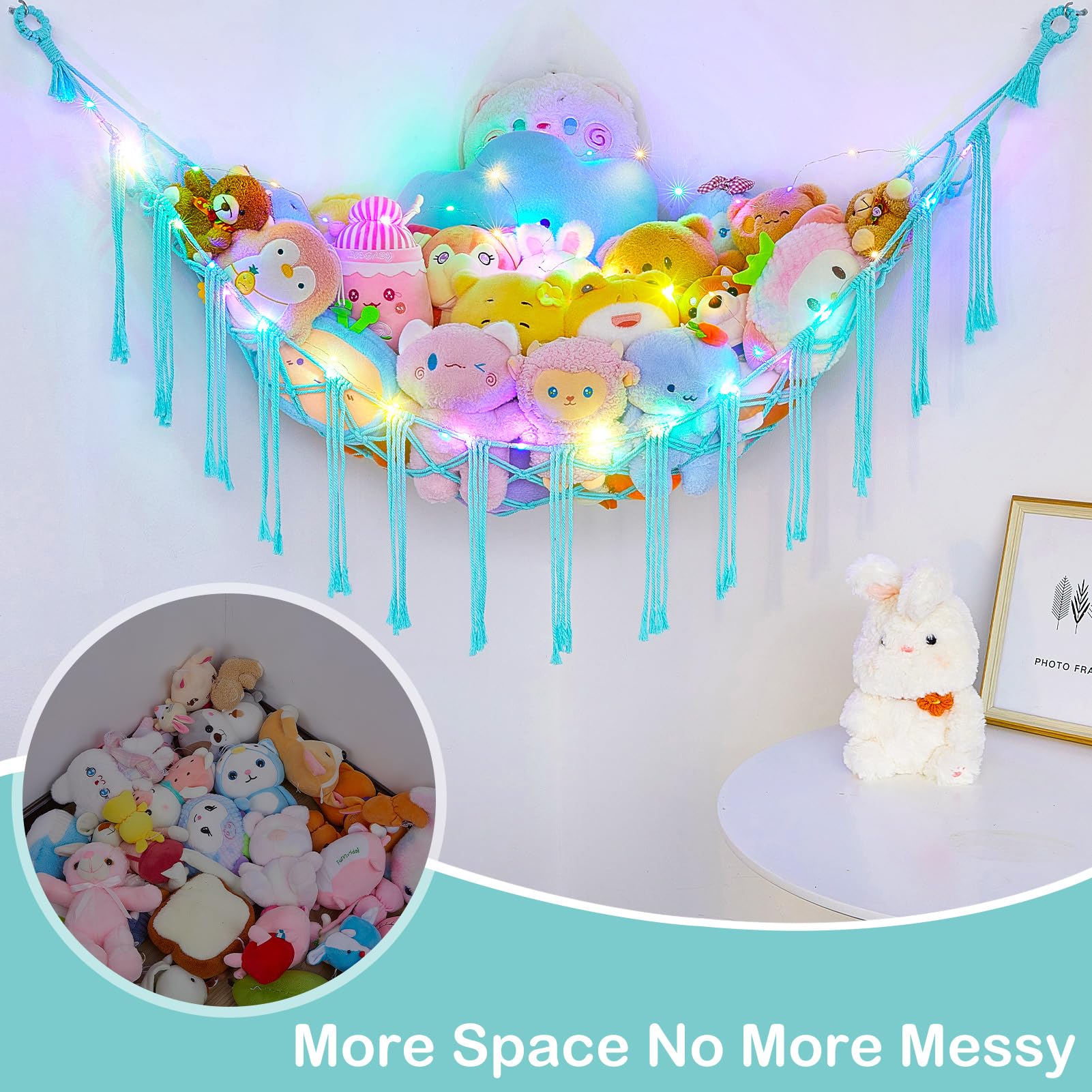 **Basumee LED Stuffed Animal Hammock - Light Aqua Green Wall-Mounted Toy Storage Net for Kids Room Decor & Organization - Perfect for Bedroom, Nursery, or Playroom**