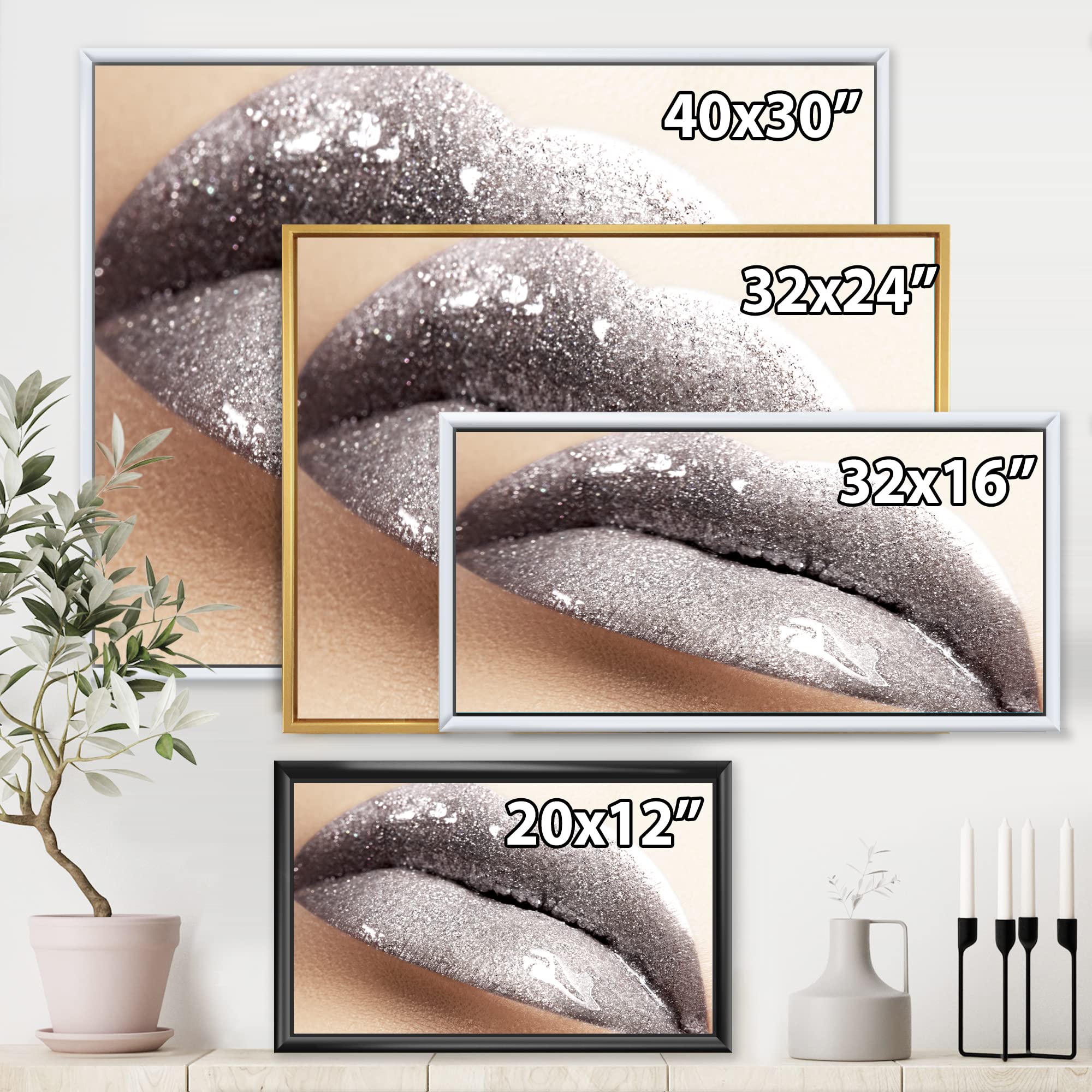 Glittering Silver Lips Modern Framed Canvas Wall Art Print - Elegant Home Decor for Living Room, Bedroom & Office