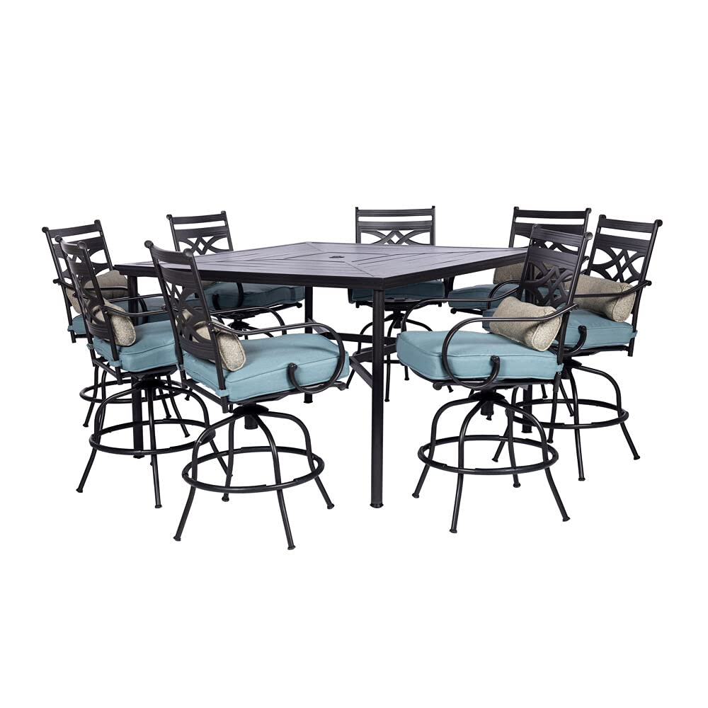 Hanover Montclair 9-Piece Outdoor Dining Set - 8 Swivel Bar Height Chairs with Thick Cushions & 60
