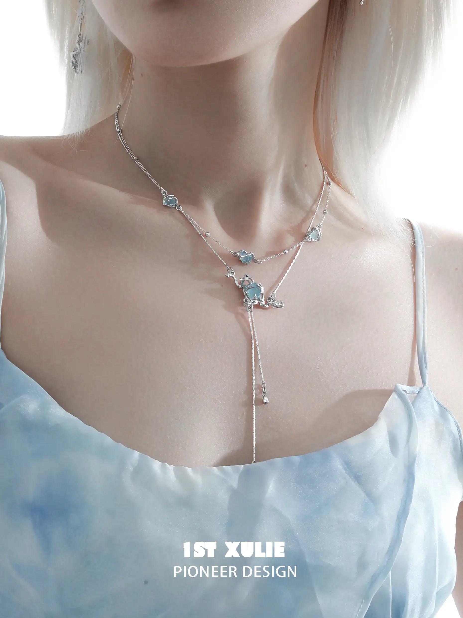 Loong Ling Aquamarine Gemstone S925 Sterling Silver Tassel Choker Necklace for Women - Elegant Boho Jewelry Gift for Birthday, Anniversary & Special Occasions