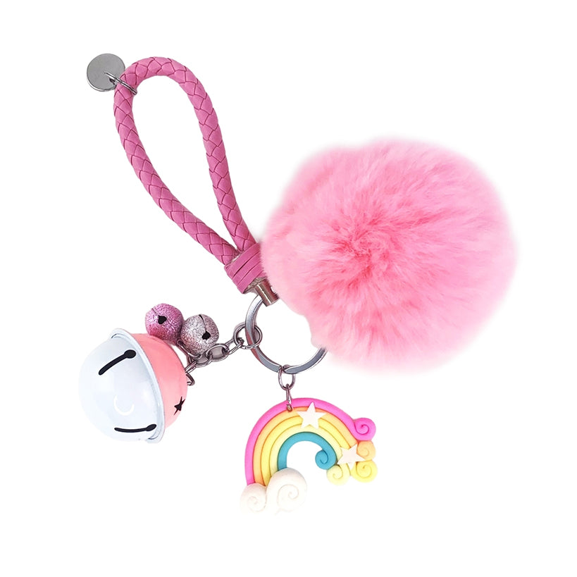 Rainbow Pom Pom Keychain - Cute Pink Keyring for Women & Girls - Perfect for Backpacks, Purses, and Gift Giving