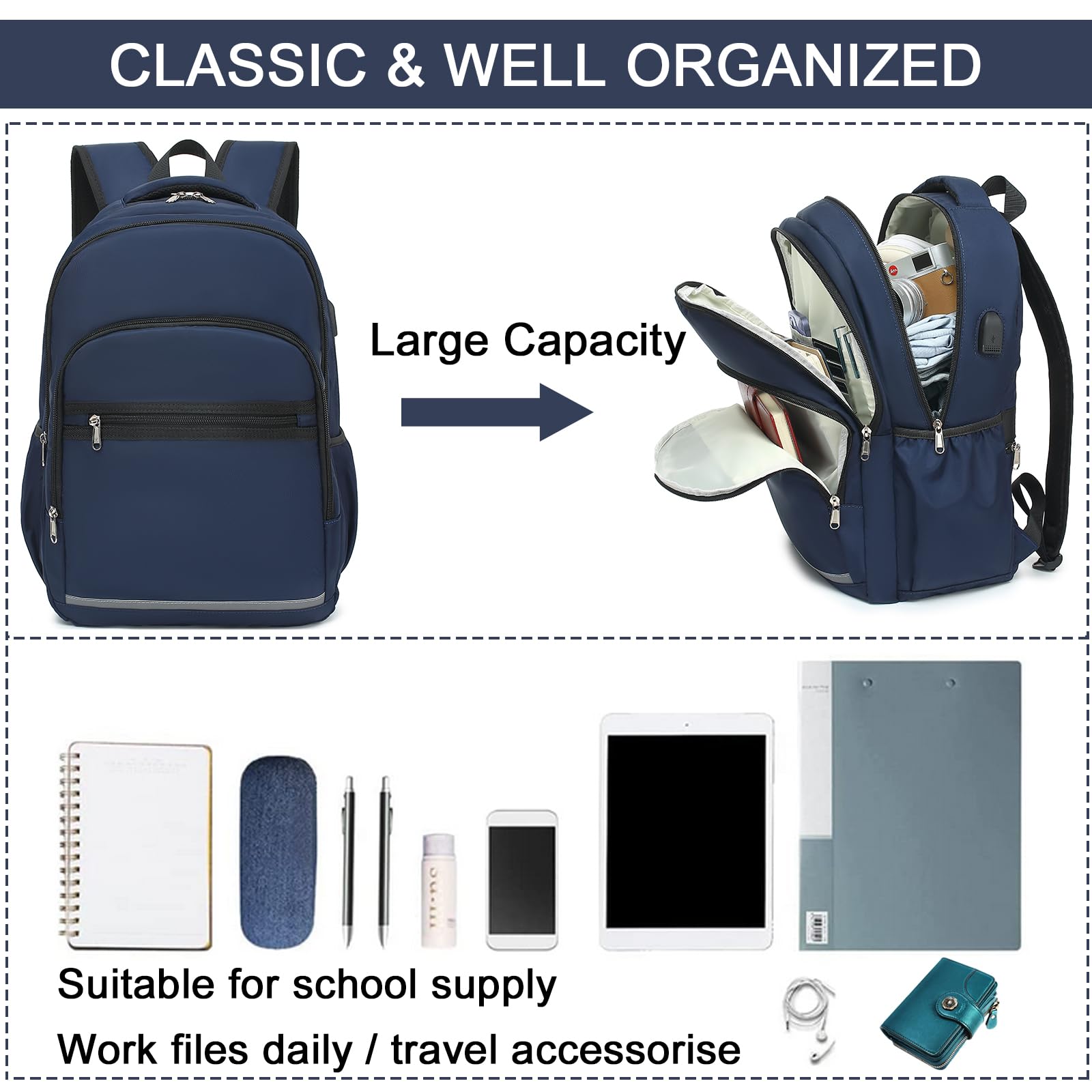 Bluboon Women's 15.6 Inch Laptop Backpack - Waterproof College School Bookbag with USB Charging Port & Multiple Compartments for Business Travel, Work & Daily Commute (Dark Blue)