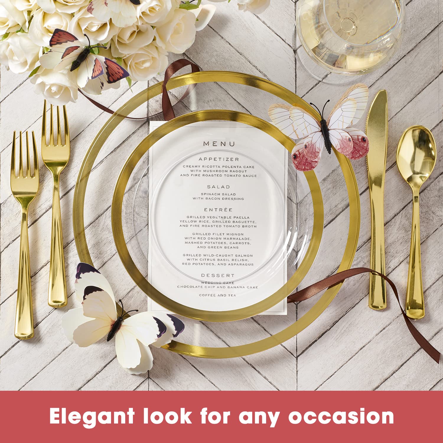 Premium 100-Piece Clear & Gold Plastic Plate Set - 50 Dinner Plates & 50 Dessert Plates | Heavyweight Disposable Plates for Weddings, Baby Showers, Birthday Parties & Special Events | Elegant Tableware for Catering, Buffets & Home Entertaining