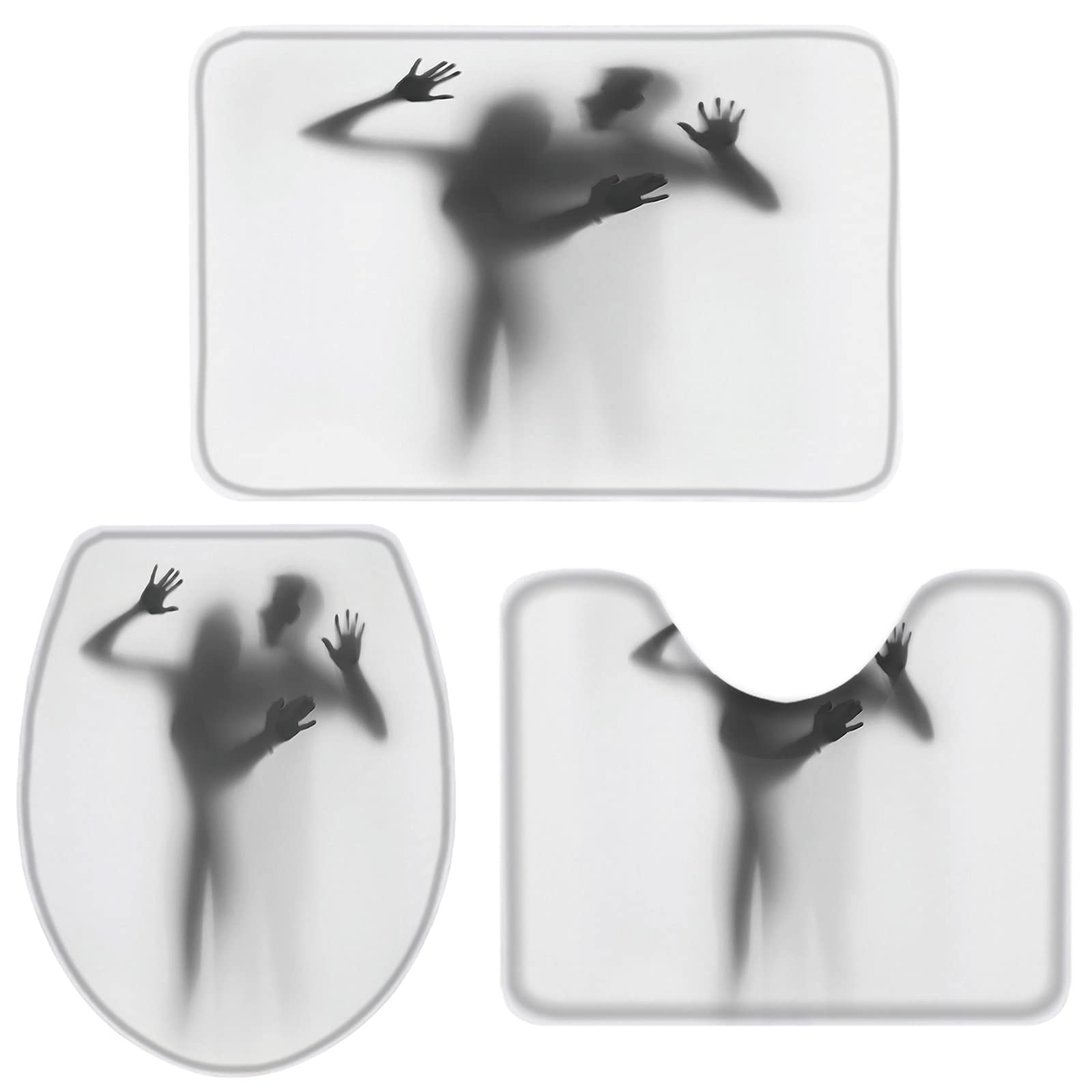 3-Piece Non-Slip Bath Mat Set - U-Shaped Contoured Toilet Mat, Absorbent Shower Rug & Lid Cover for Couples - Silhouette Design for Men & Women - Perfect for Small Bathrooms, Tubs & Showers (Home Decor & Bath Safety Accessories)