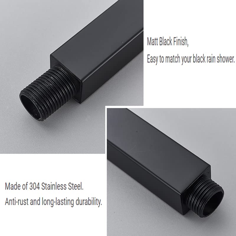 8 Inch Square Shower Arm with Flange - Matte Black Ceiling Mount Shower Extension (1/2 NPT) for Rainfall Shower Heads - Perfect for Modern Bathrooms & Spa-Like Showers